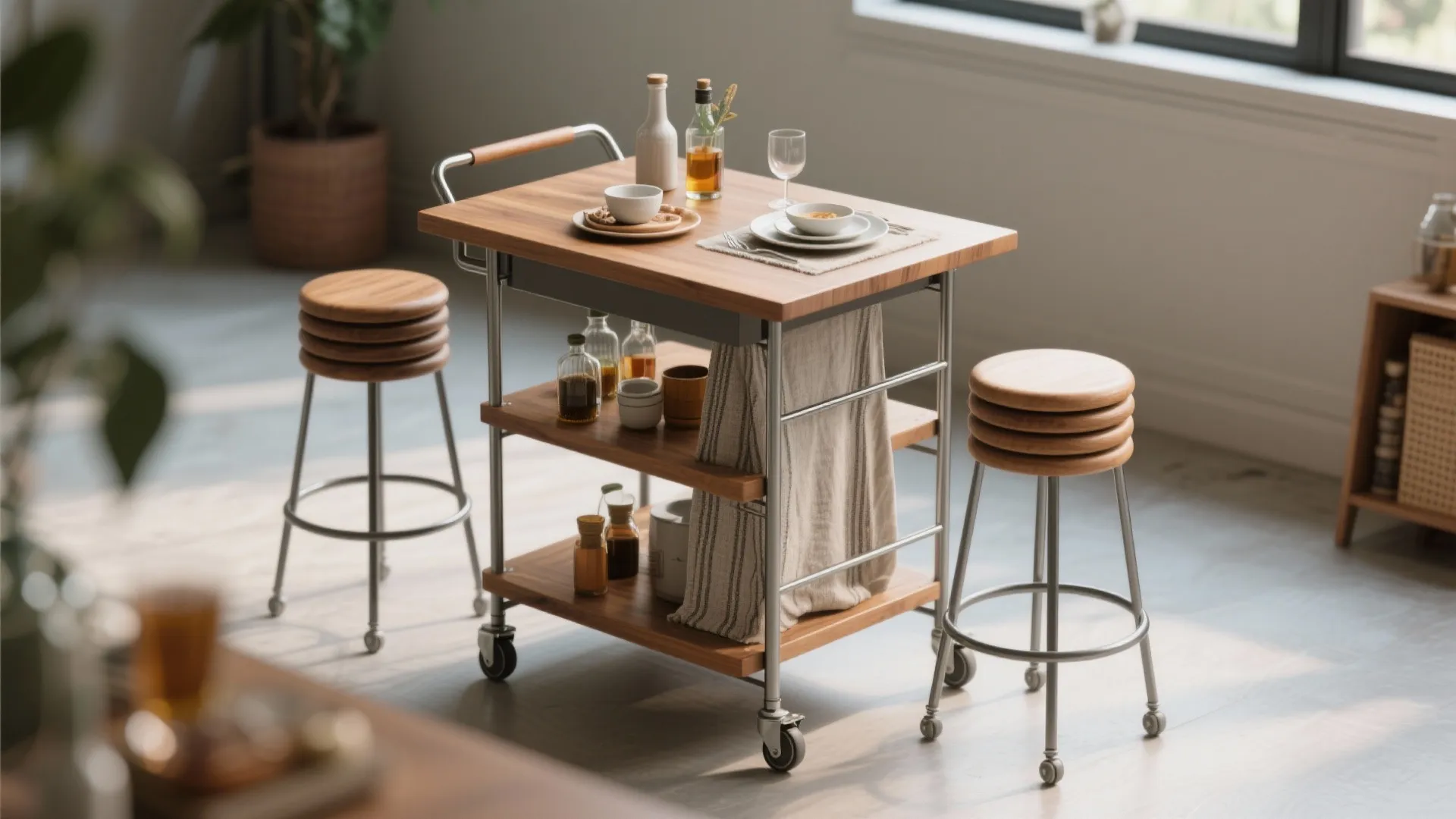 5. Multi-Use Bar Cart as Dining Surface