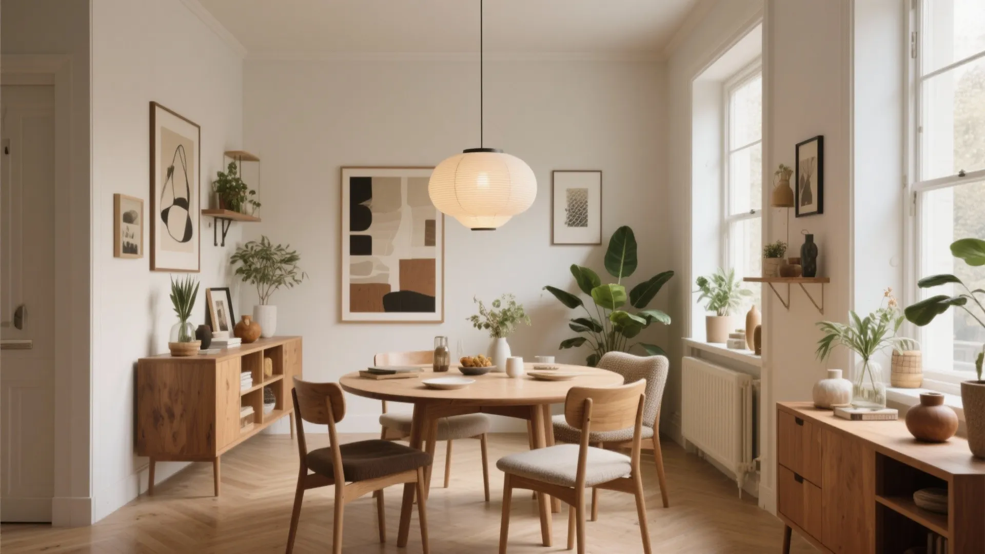 Bright dining area with round wooden table four chairs round ceiling light and green plants