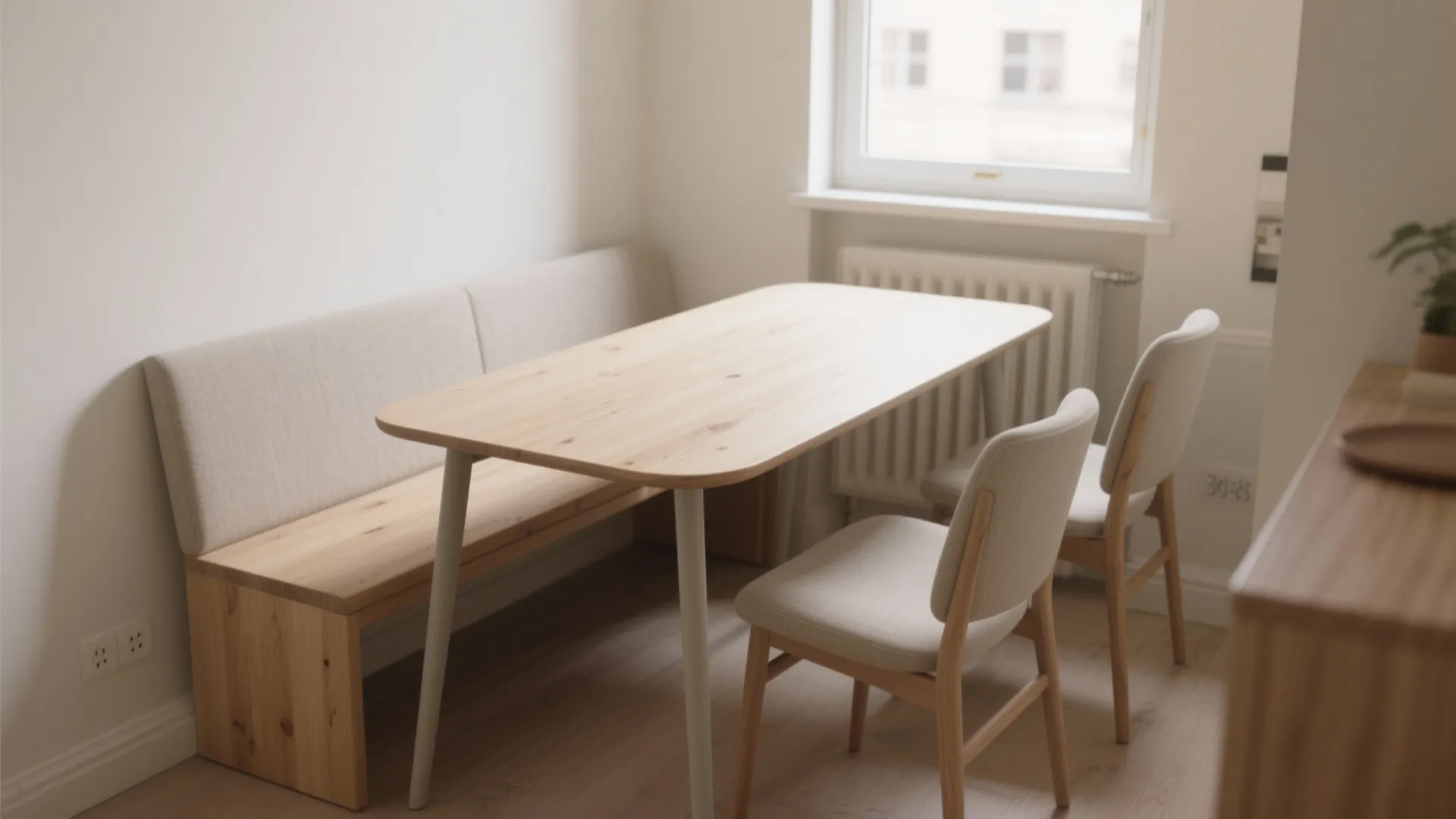Small dining area with light wood table two chairs and wooden bench with soft backrest