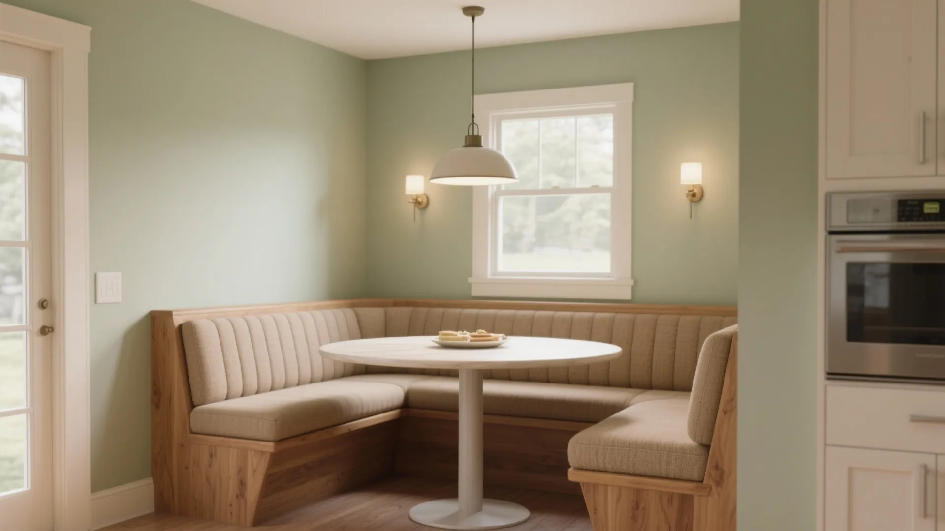 Modern small dining area featuring wooden corner seating green walls white table and ceiling light
