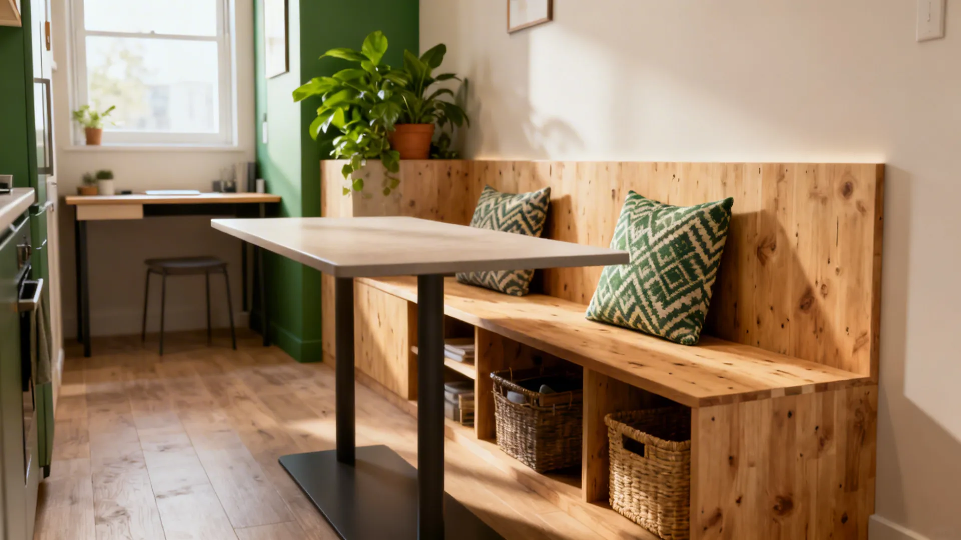Small dining nook featuring wooden bench with storage baskets green pillows and a simple white table