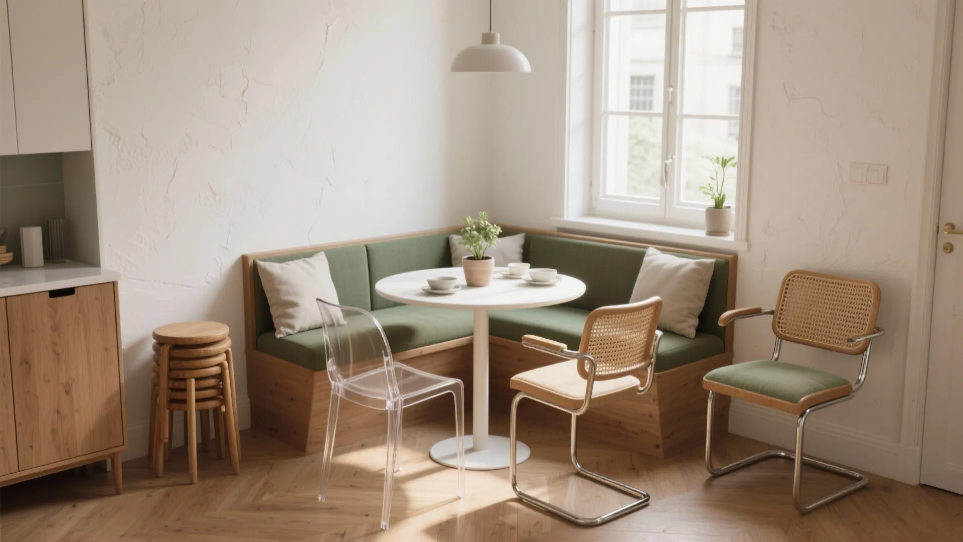 Small dining area with corner bench white round table ceiling light and three different chairs