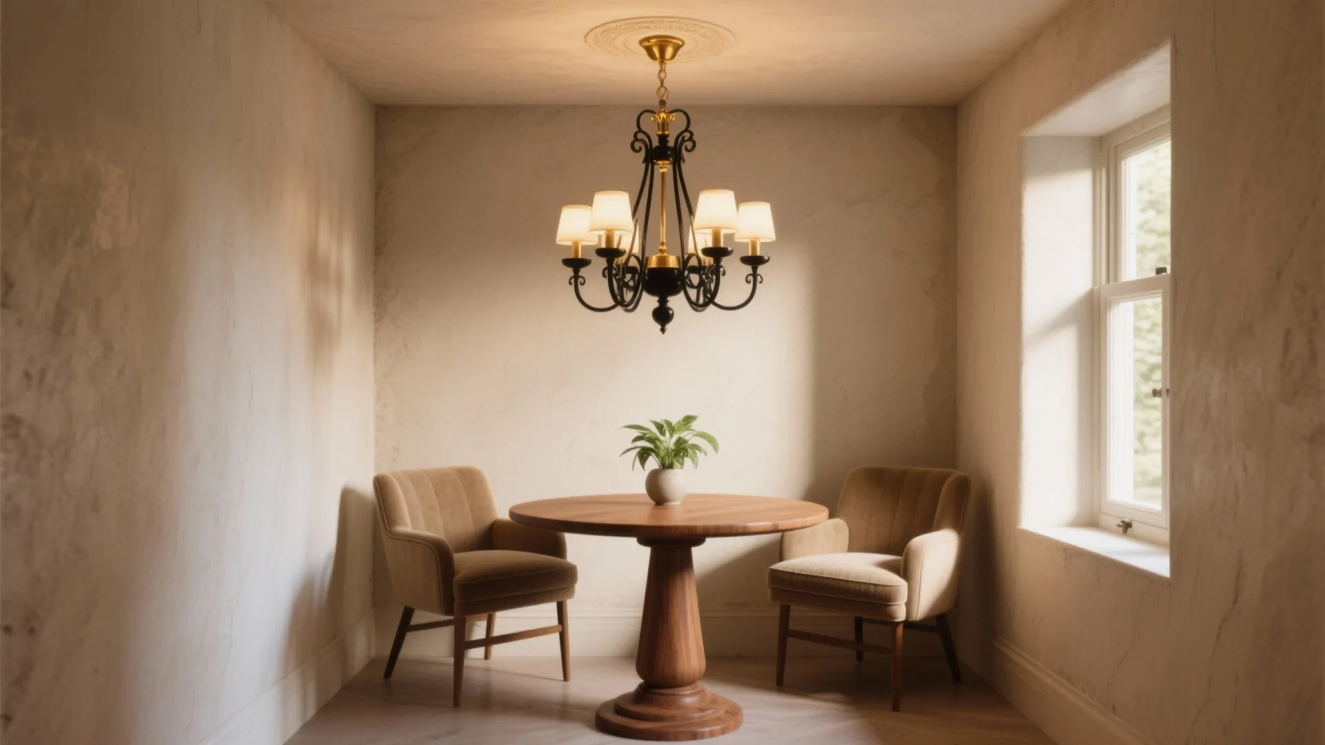 Black ceiling light hanging over round wooden table with two chairs near a bright window