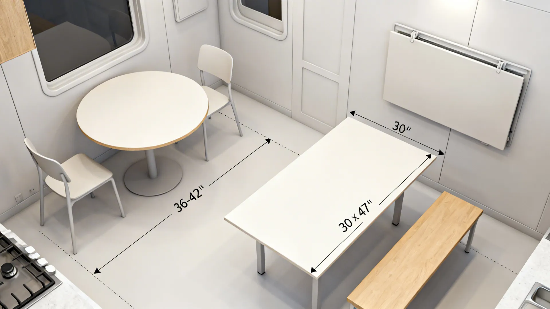 Top-down plan of small dining tables with clear 36-inch circulation zones in a compact layout.