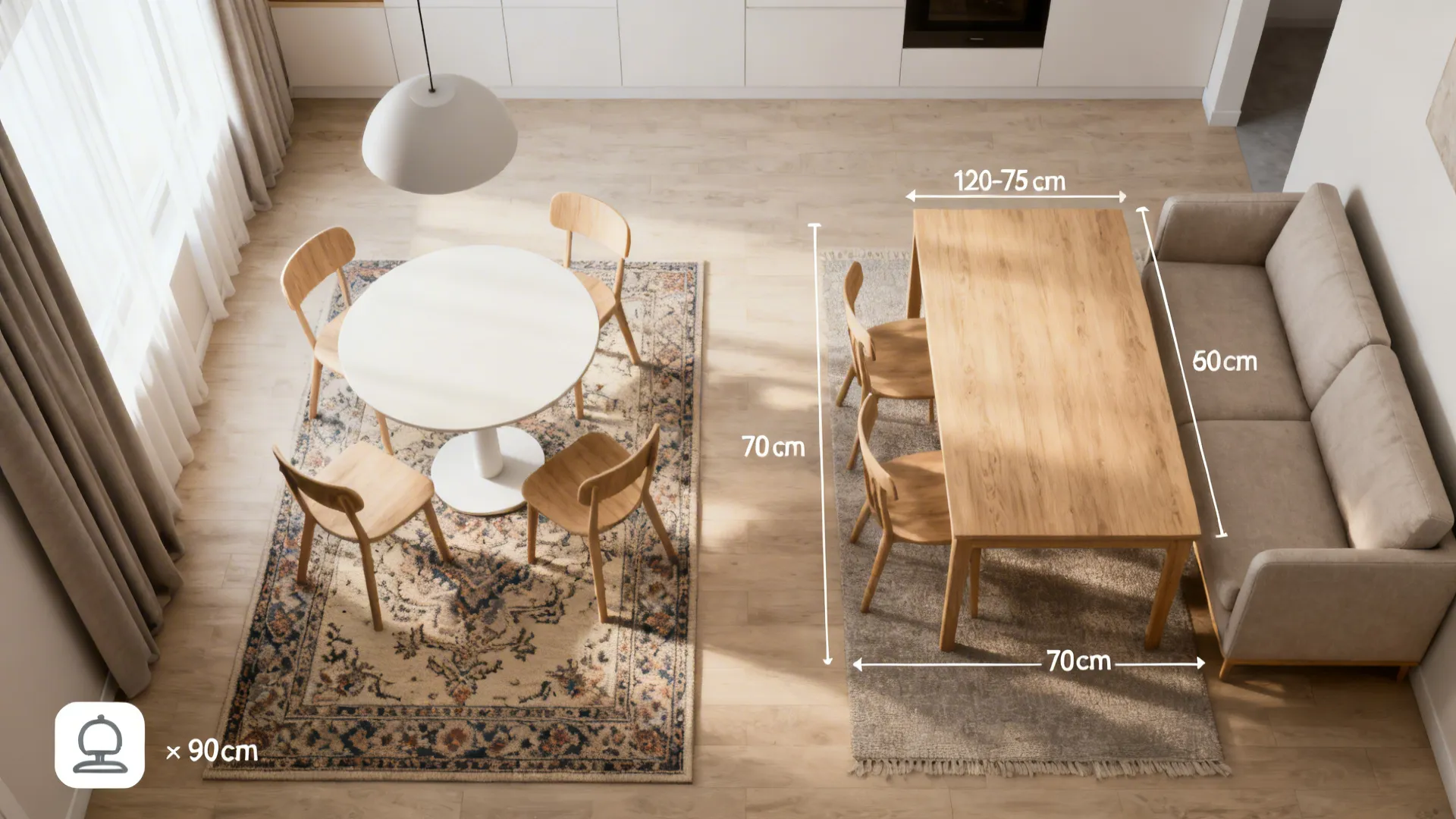 Top-down small living room plan showing round and rectangular table options with clearances.