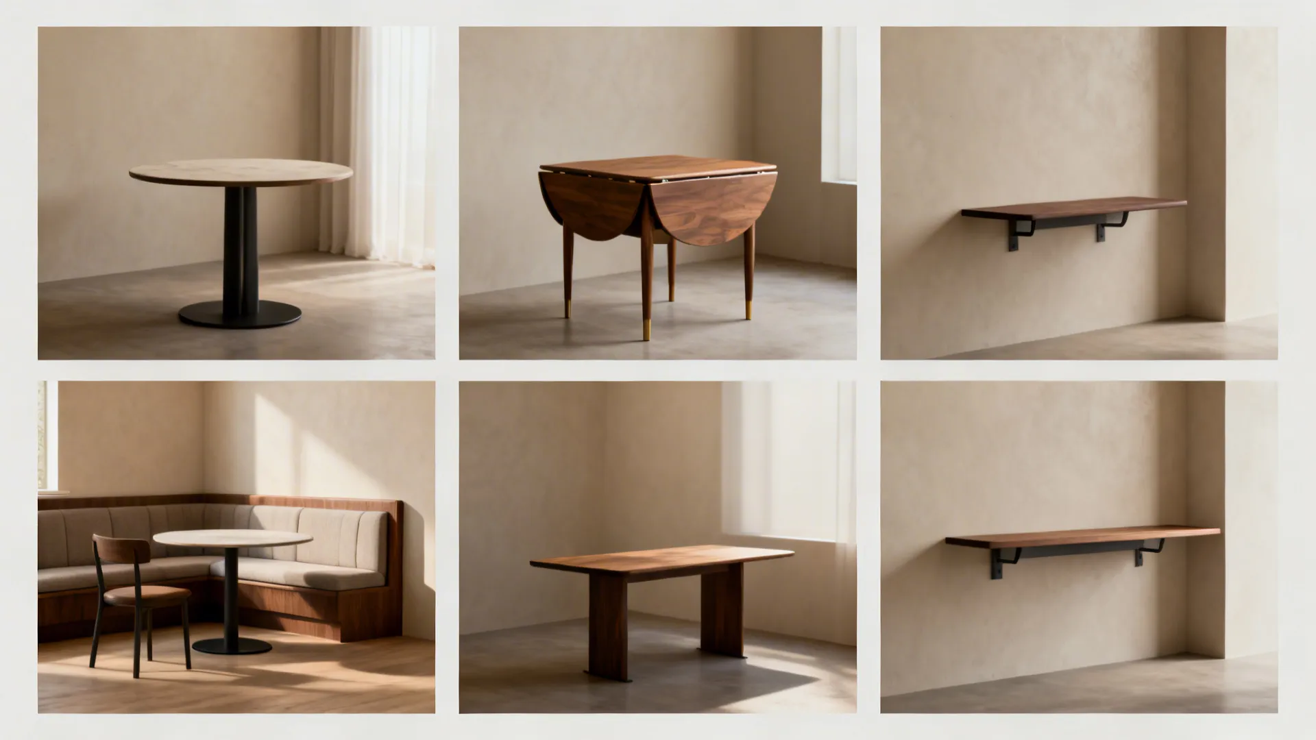 Collage of small dining solutions: round table, banquette, drop-leaf, wall-mounted and console extension