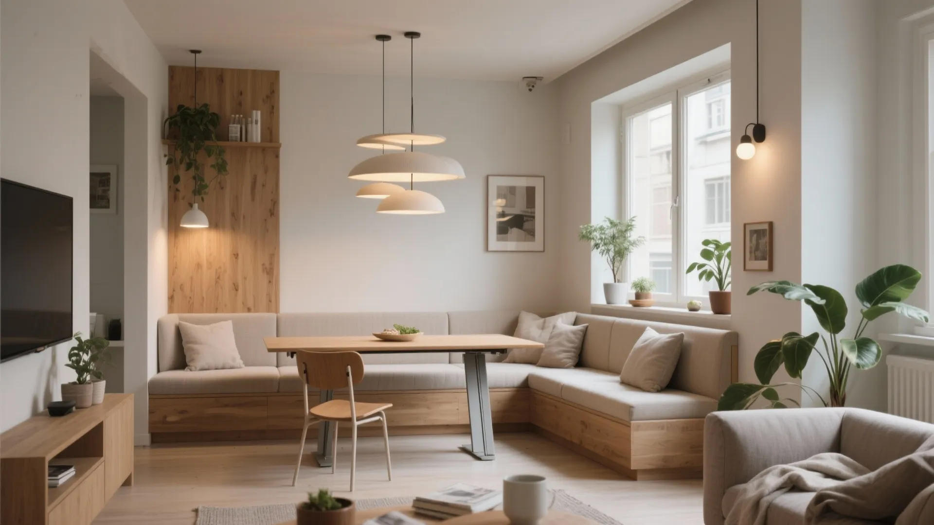 Small dining area with corner bench wooden table ceiling lights and green plants by window