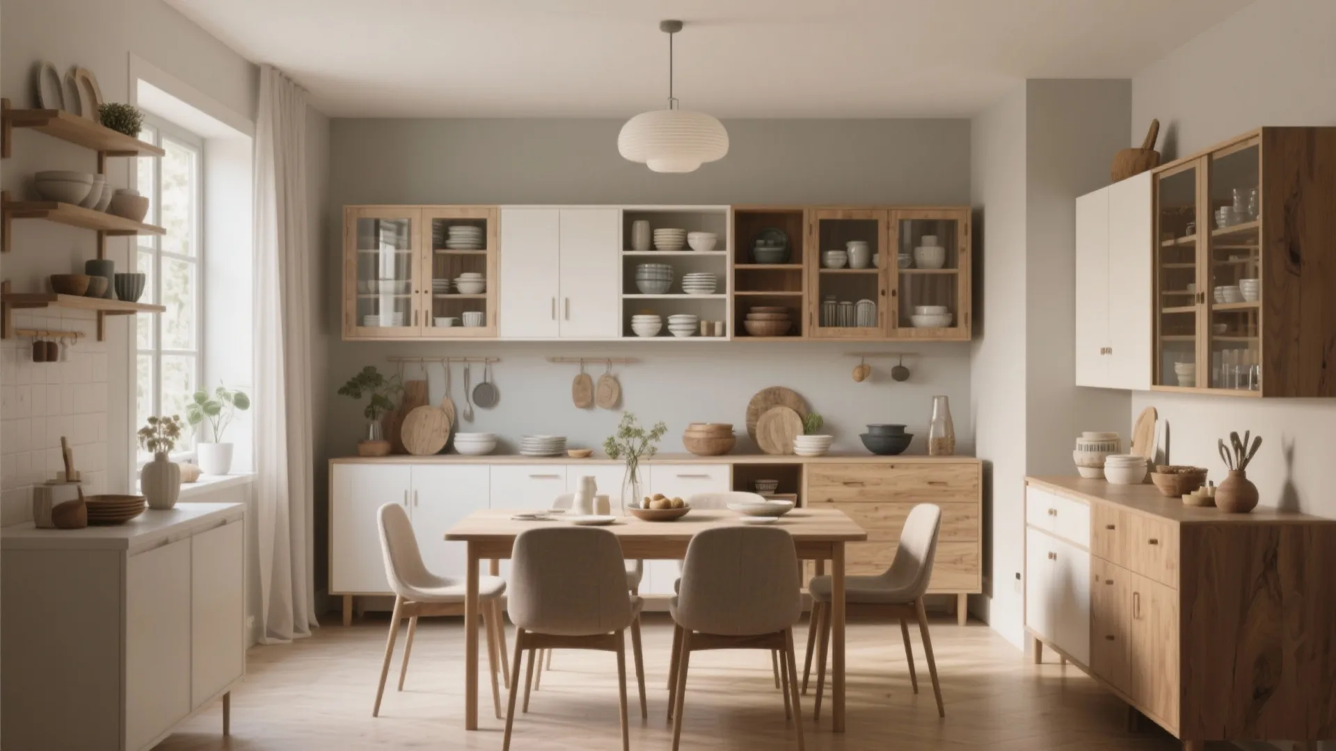 Modern dining room with wooden table four chairs white wall cabinets and round white ceiling light