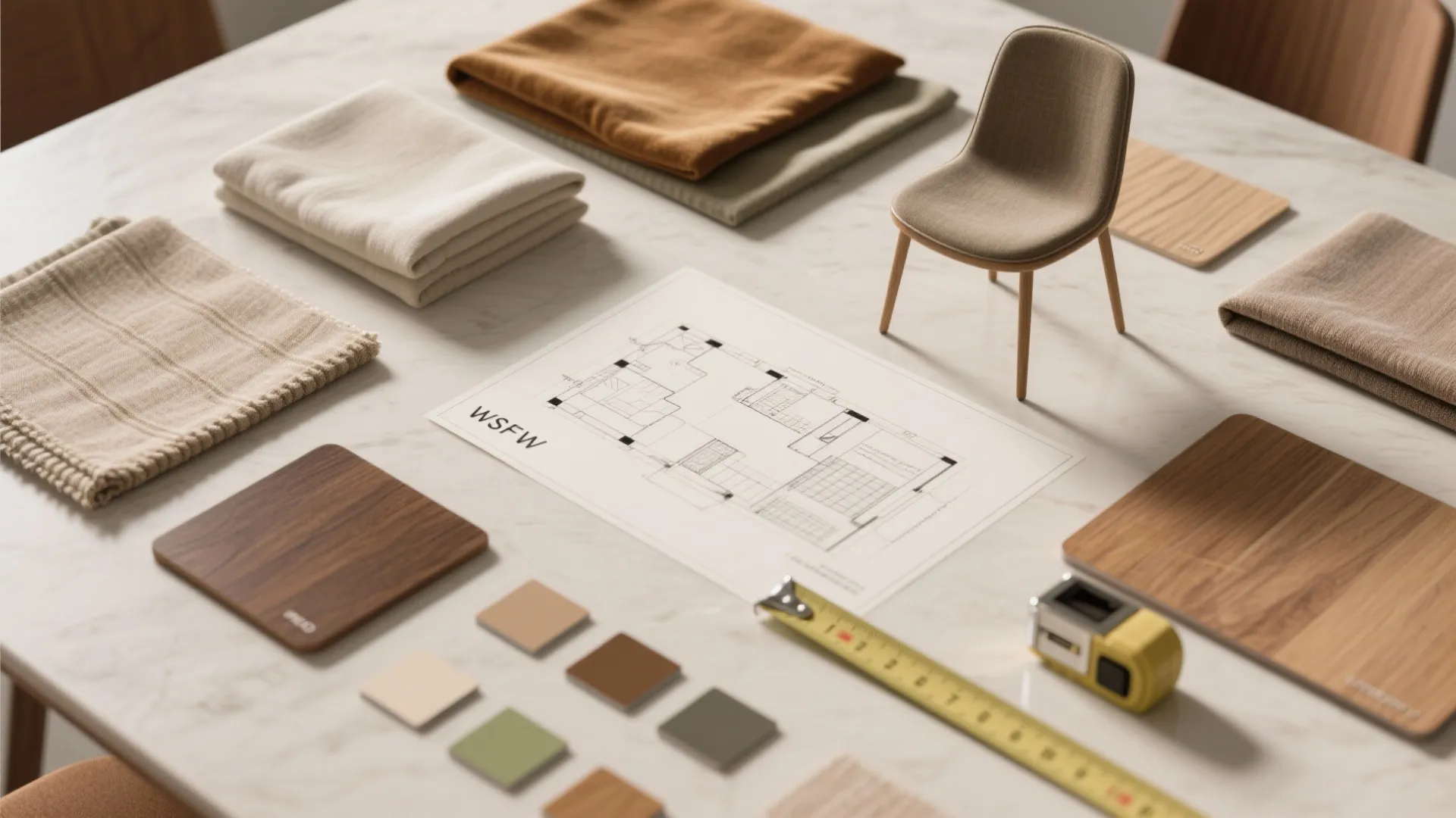 Flatlay of material samples, swatches, and measuring tape for planning a small dining room.