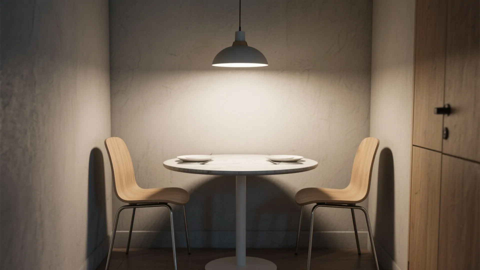 Small round dining table with two wooden chairs and one ceiling light in a corner