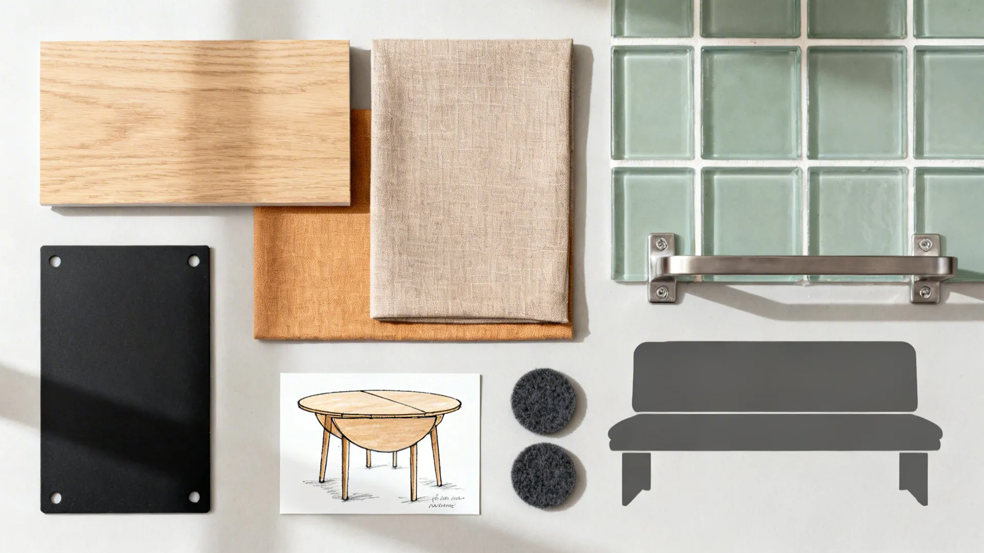 Flat lay of oak, matte black metal, performance fabric, glass tile, and hardware for compact dining.