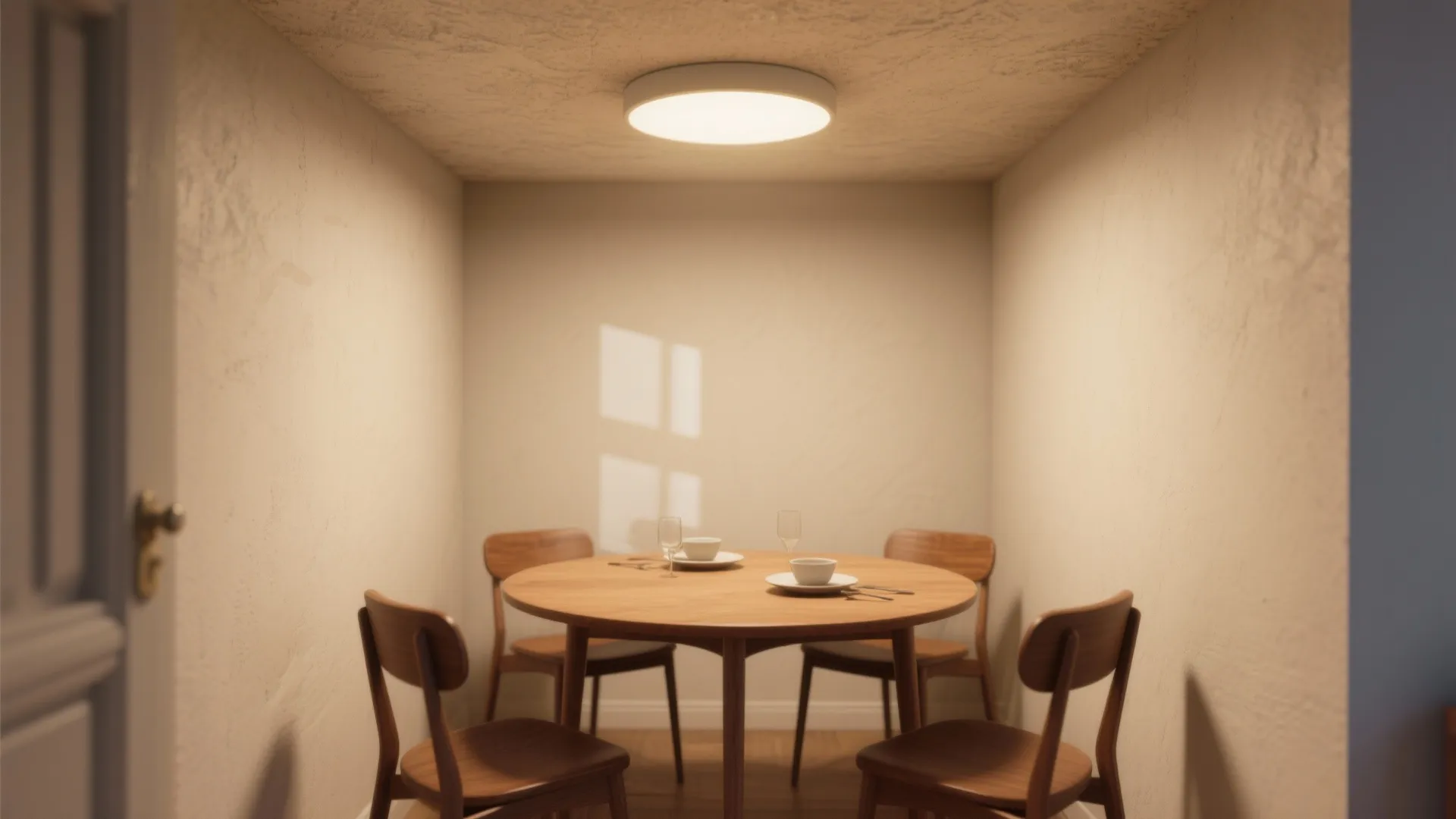 Small dining area with round wooden table four chairs and a warm white ceiling light