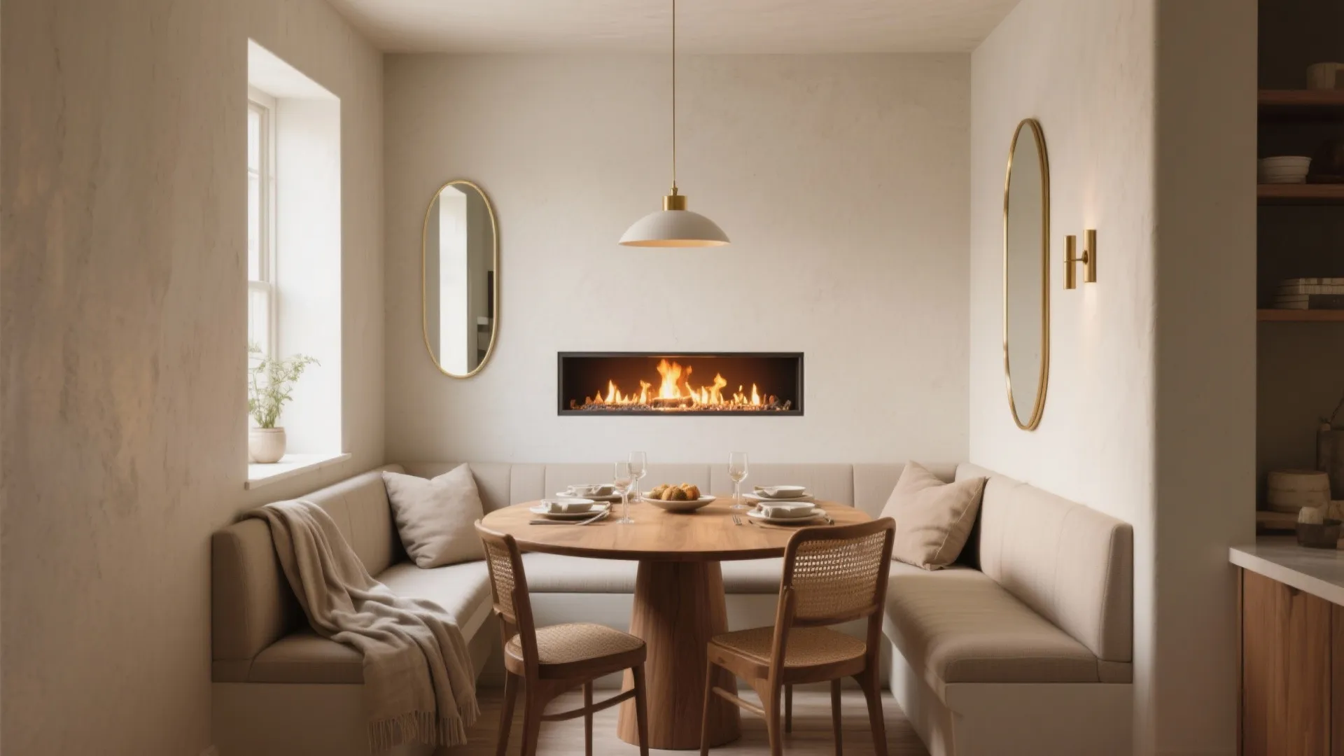 Modern dining nook with round wooden table corner sofa seating wall fireplace and white ceiling light