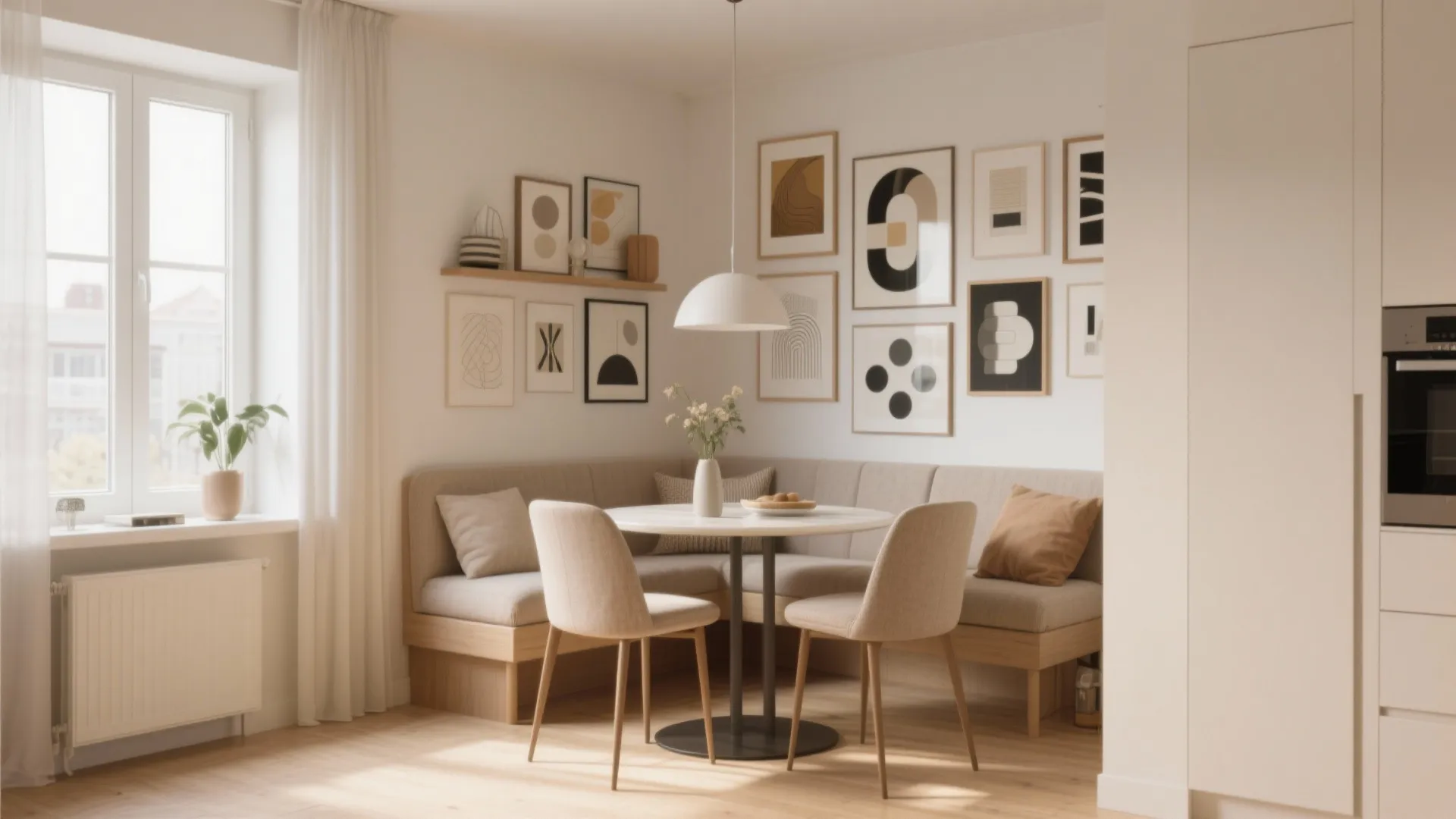 Small dining area featuring round white table, corner sofa, gallery wall, and white ceiling light