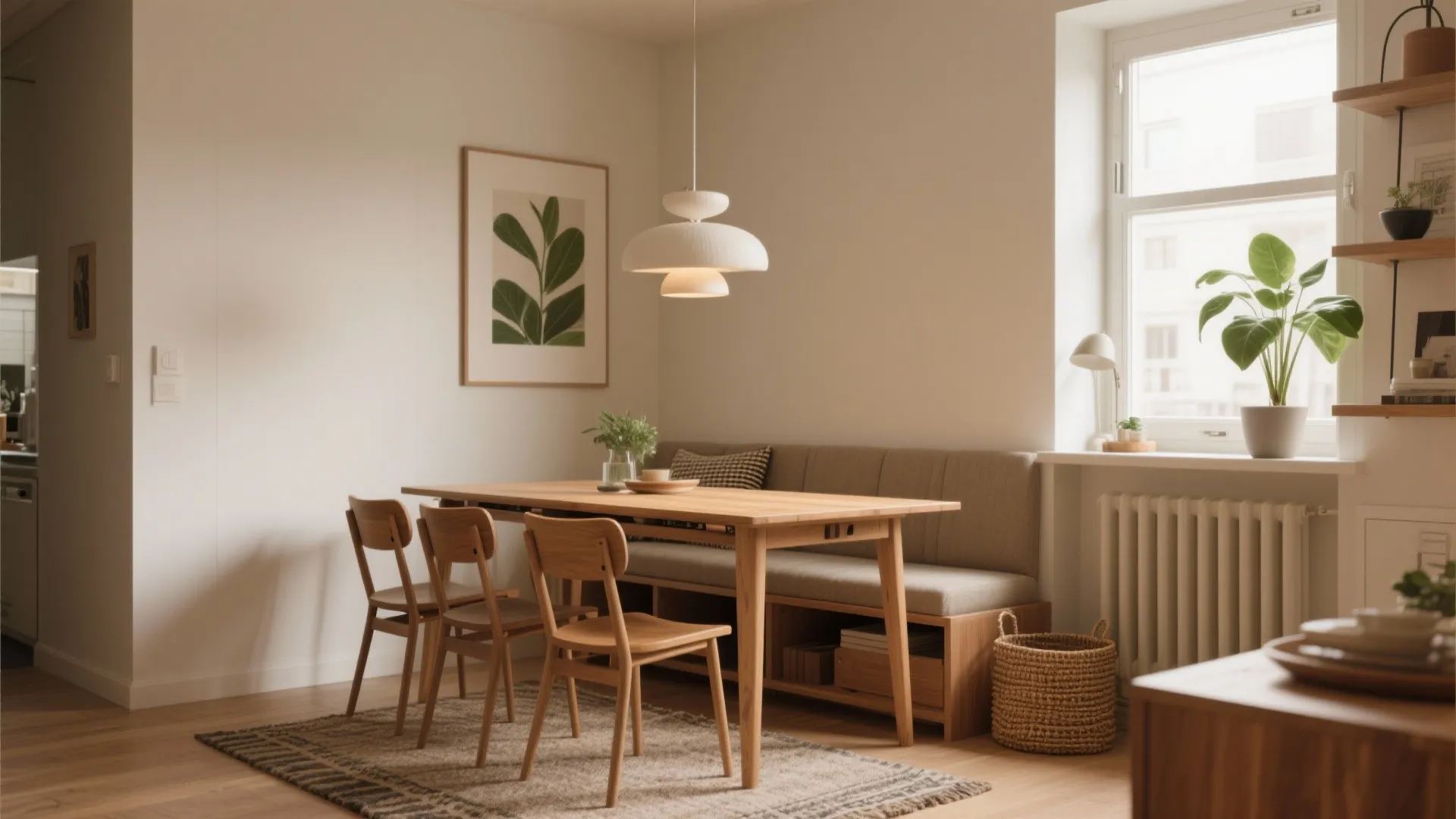 Minimalist dining room with wooden table chairs bench white ceiling light and green plant decor