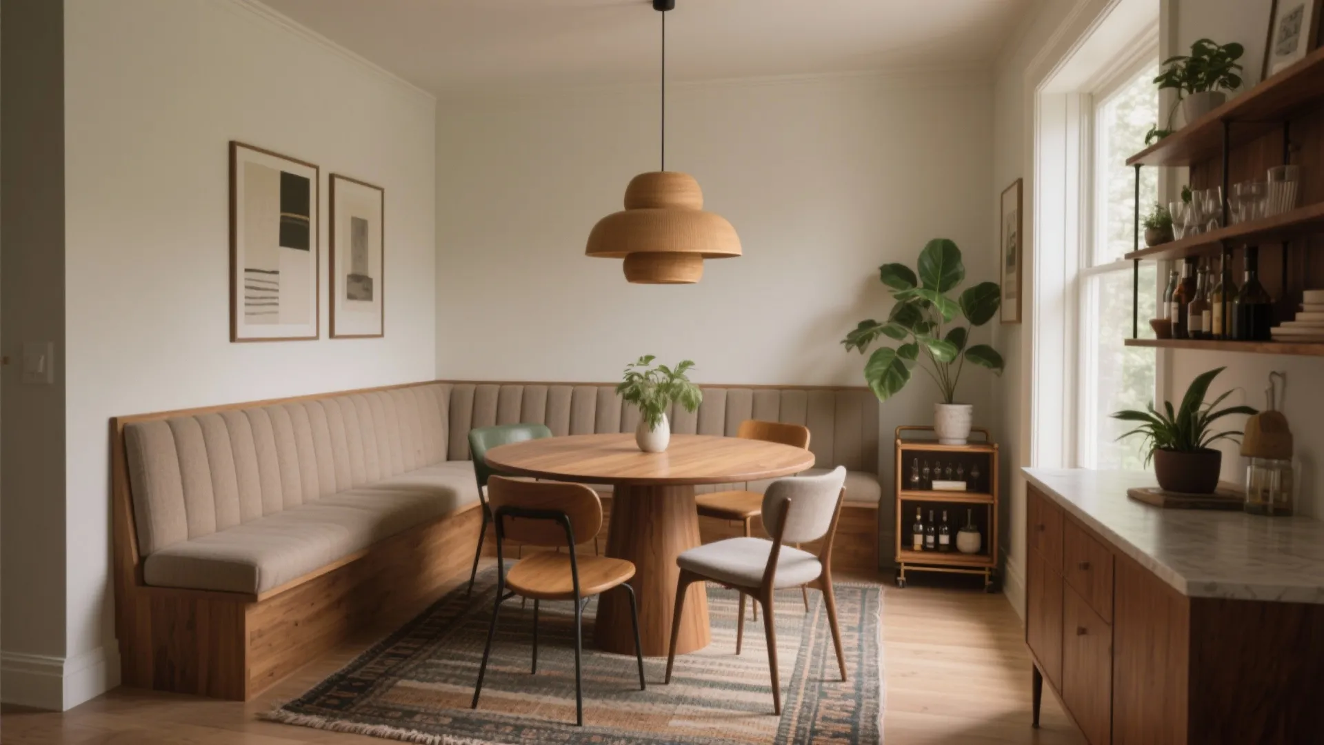 Small dining area with a round wooden table, corner bench seating, wooden cabinet, and plants