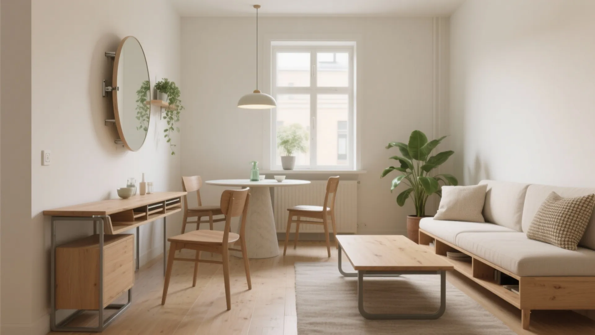 Bright small apartment featuring round dining table wooden chairs coffee table beige sofa and mirror