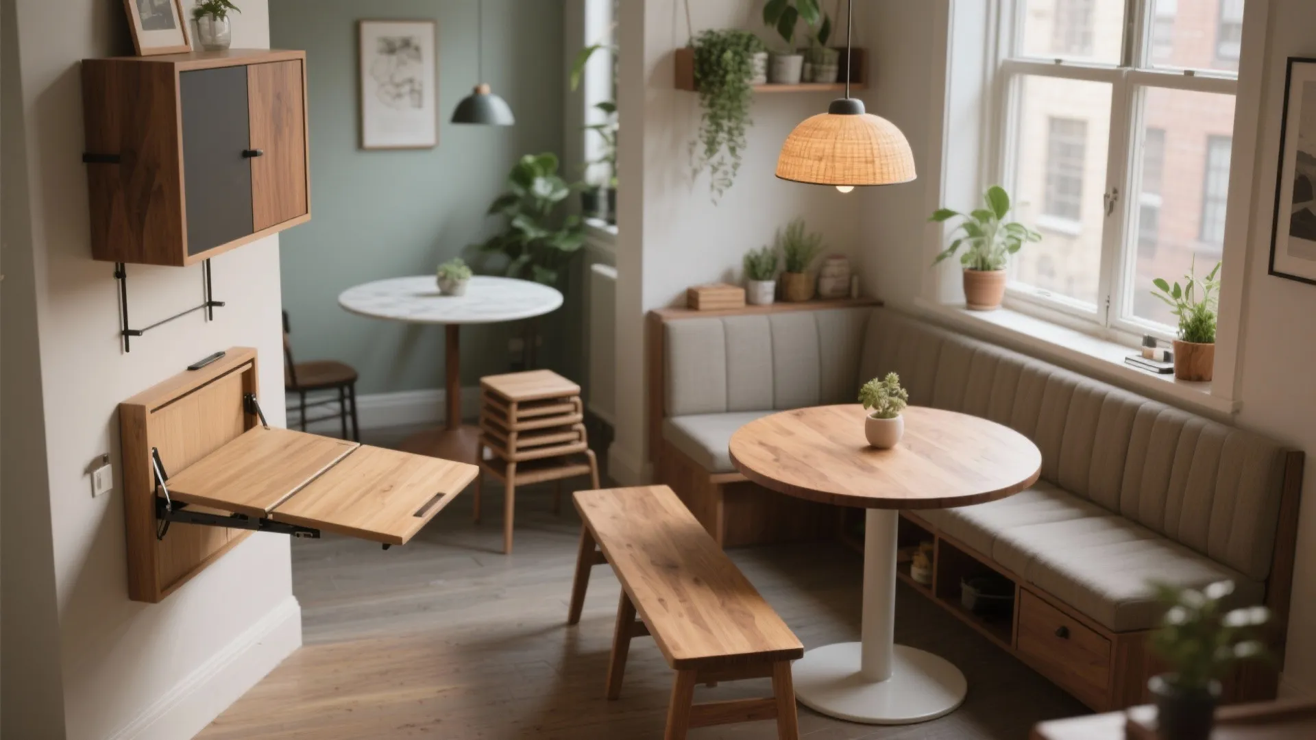 Small apartment dining area with a round wooden table bench seating and a wall mounted light