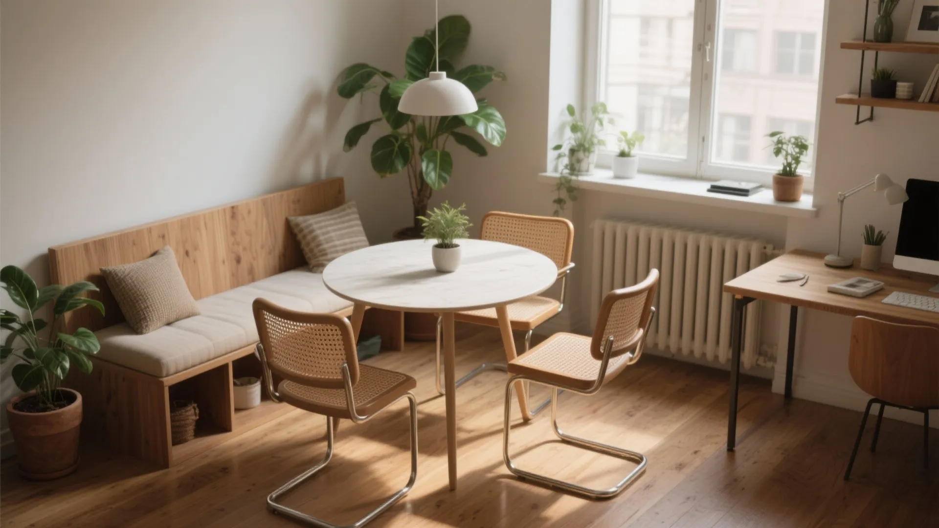 Small dining area with round white table woven chairs wooden bench green plants and sunlight