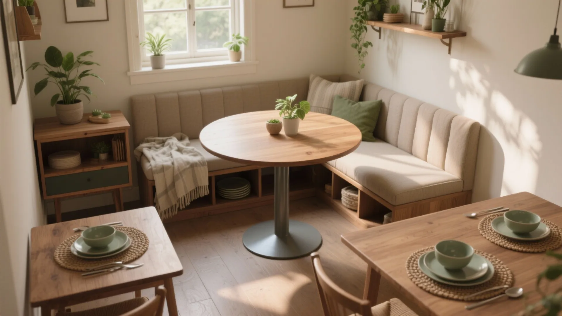 Cozy small dining area with round wooden table corner bench seating green plants and natural light