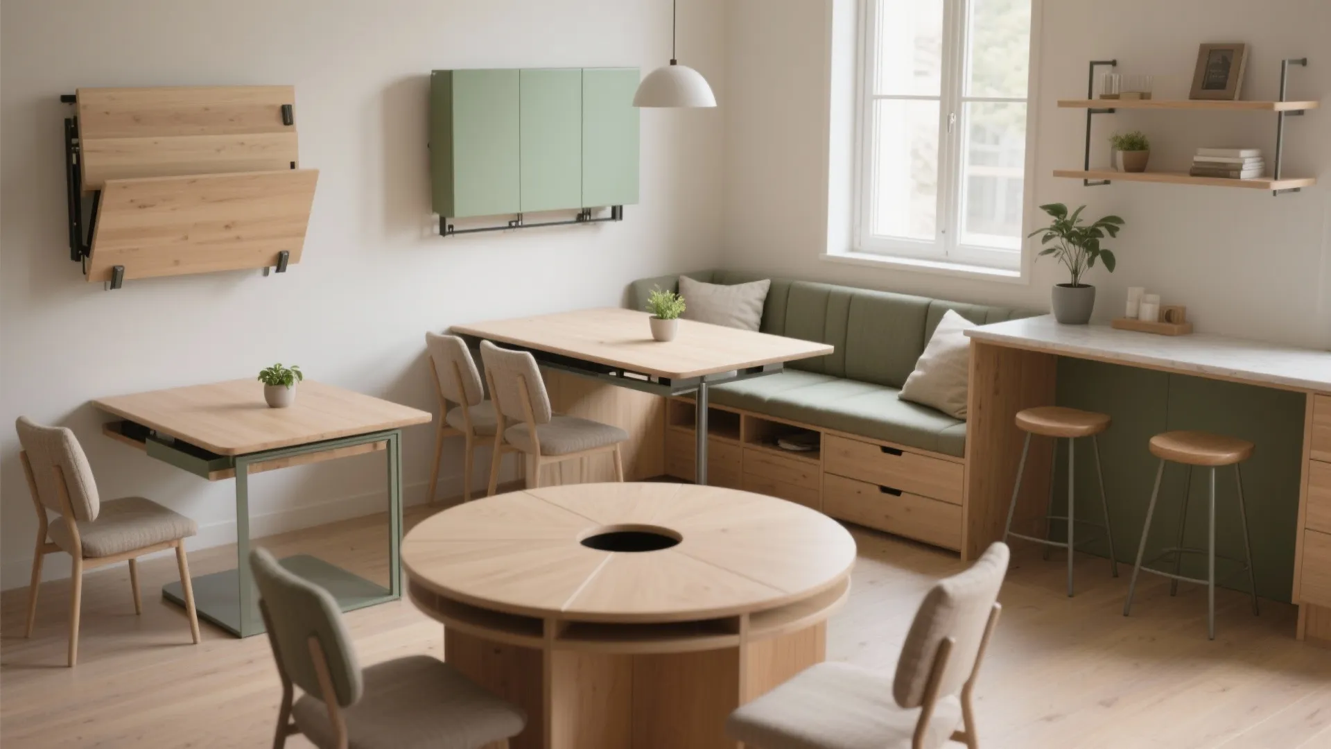 Space saving dining room furniture featuring wooden tables green bench seating and wall mounted storage units