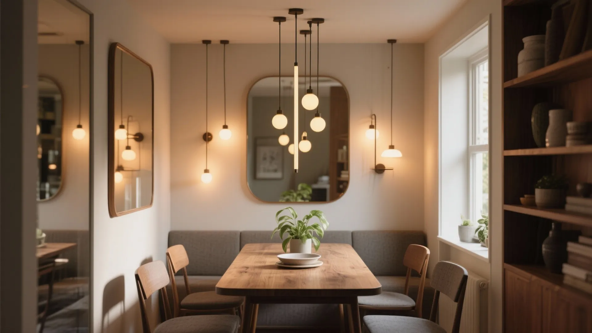 Modern small dining area with wooden table grey sofa chairs mirror and warm ceiling light