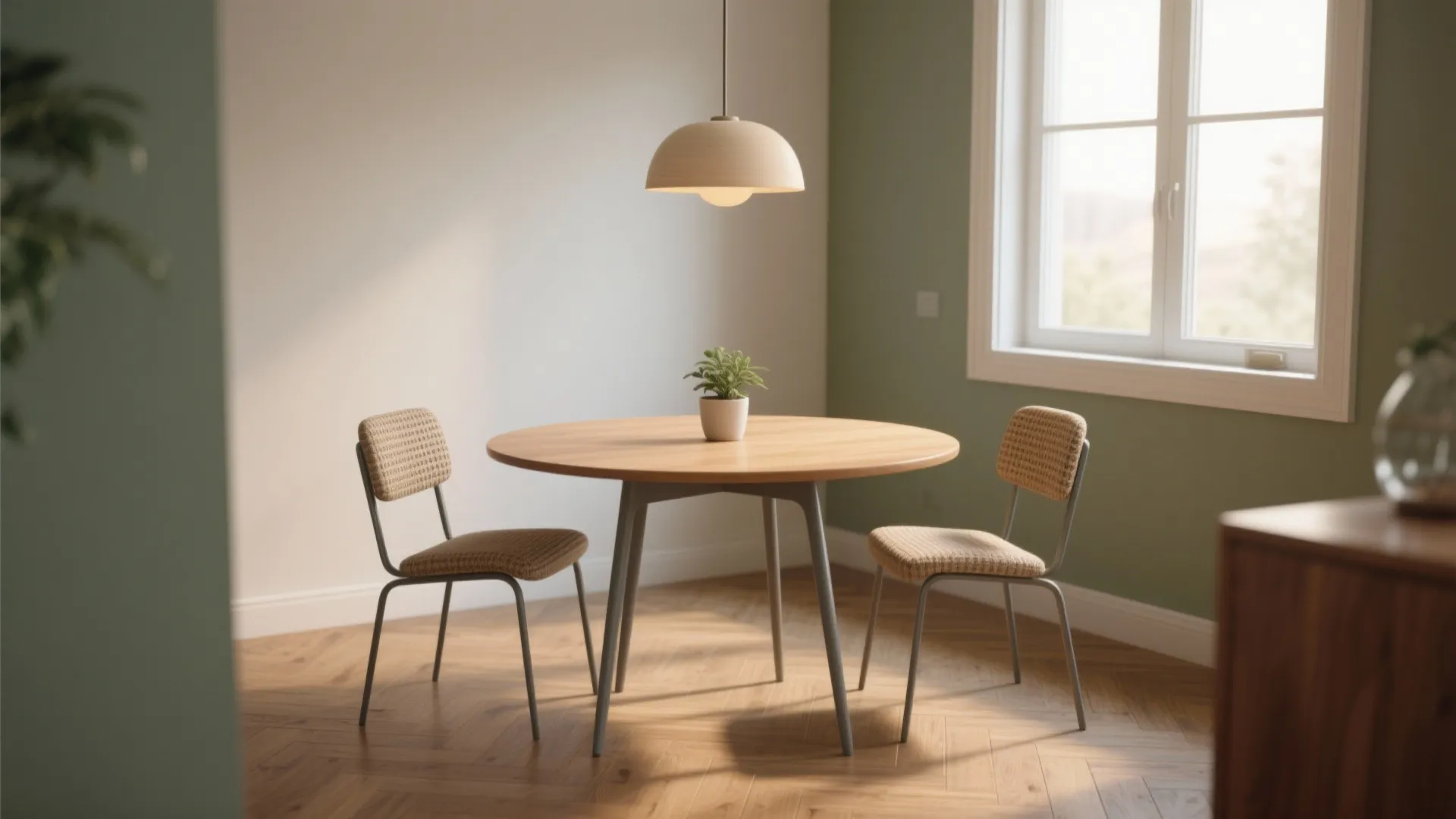 Minimalist dining room with a round wooden table two chairs ceiling light and green wall