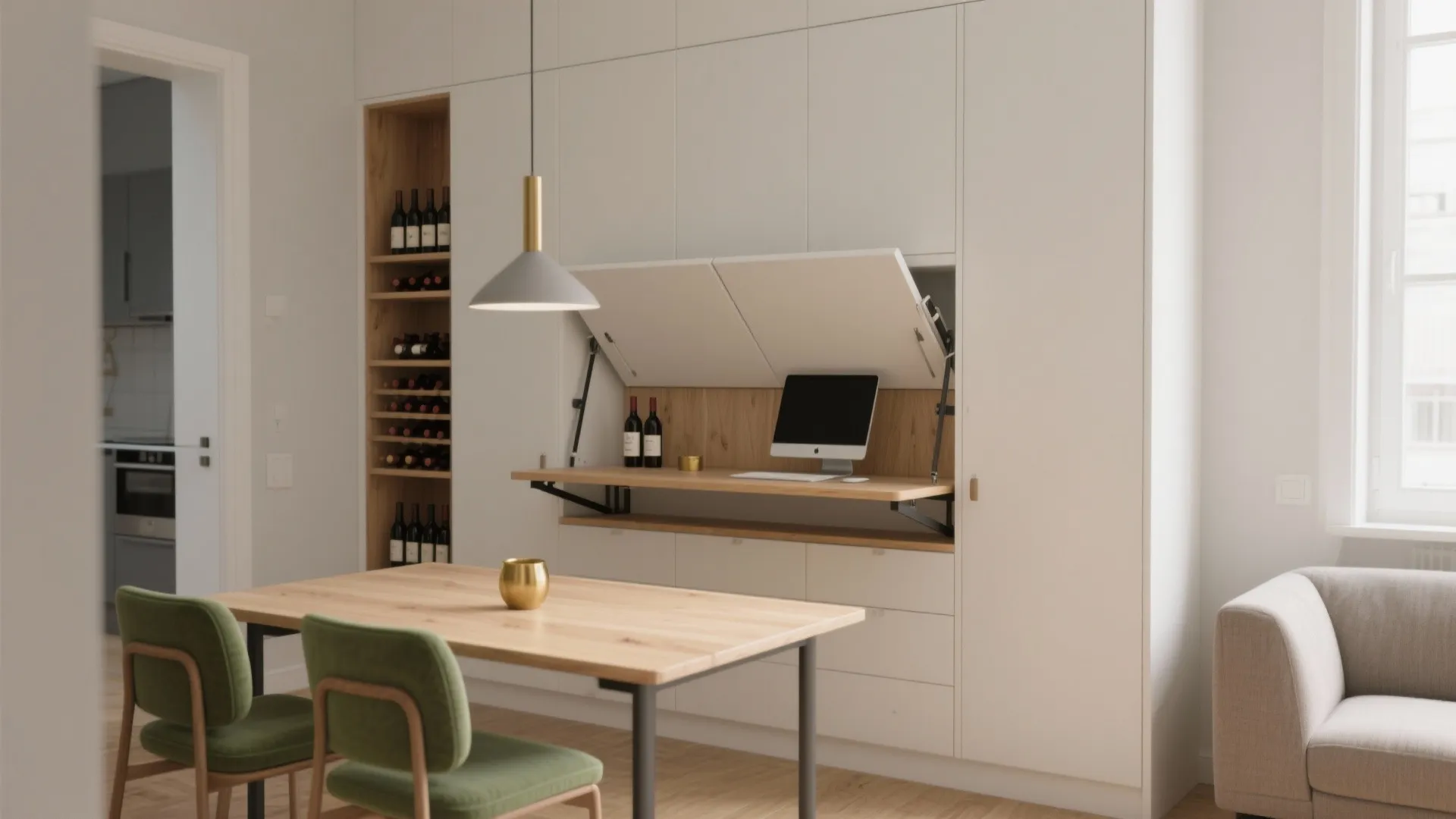 Modern white wall cabinet with hidden desk computer setup next to wooden dining table setup