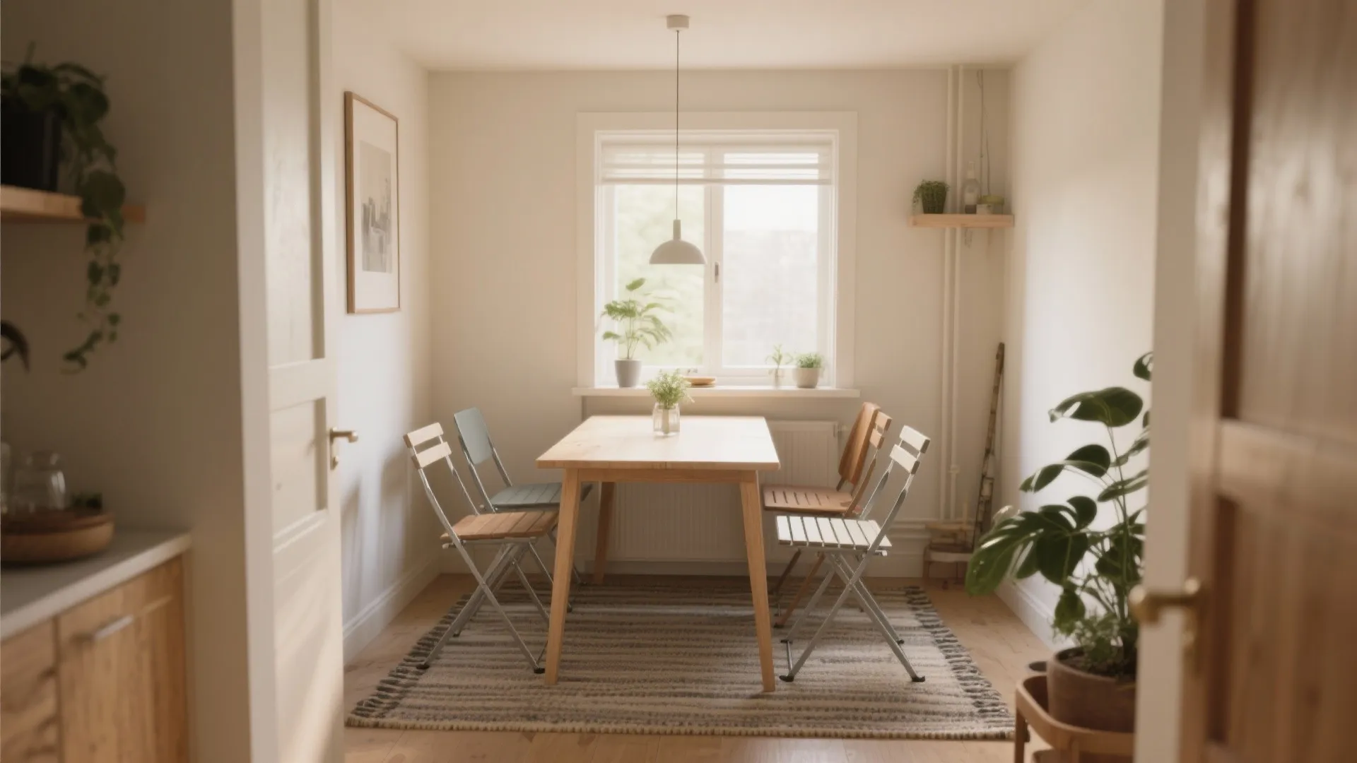 Small dining room with wooden table four chairs striped rug and plants near bright window