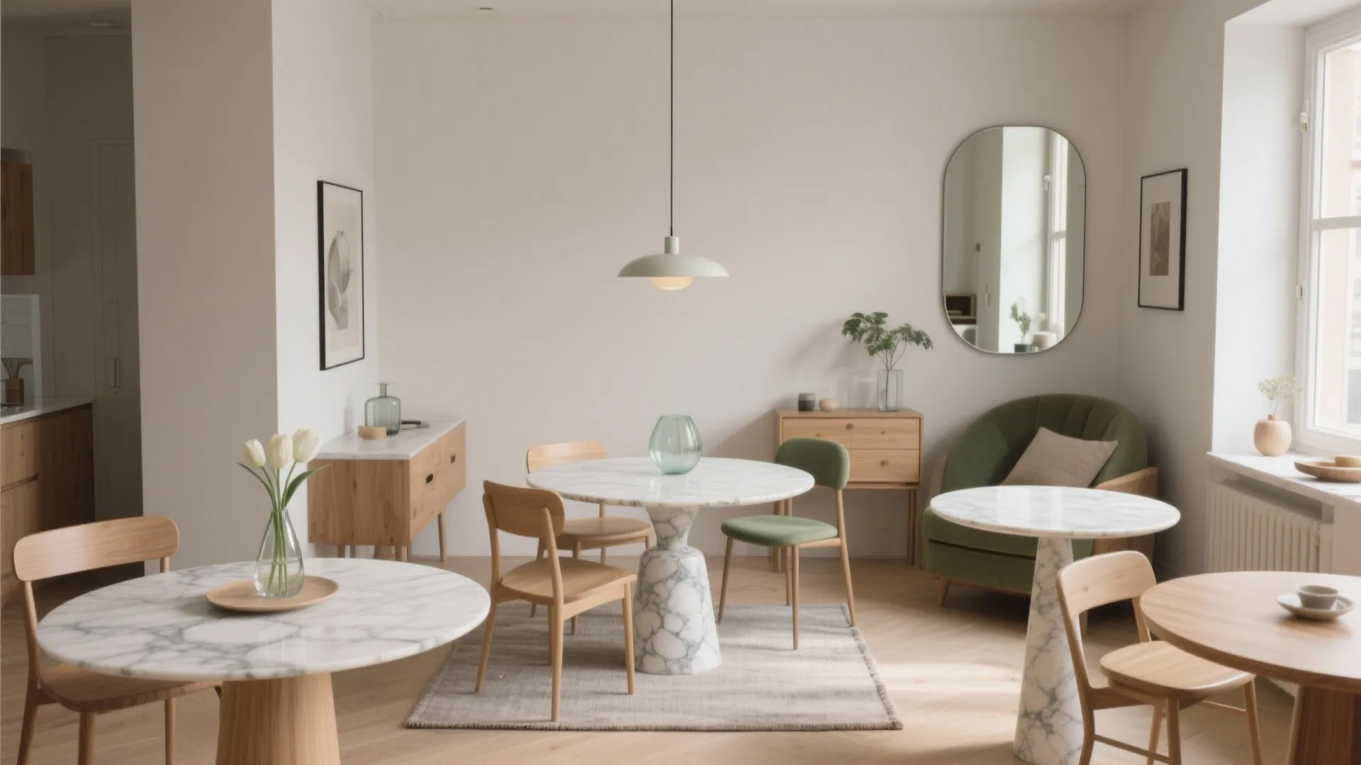 Minimalist dining room featuring marble tables wood chairs green sofa ceiling light and wall mirror