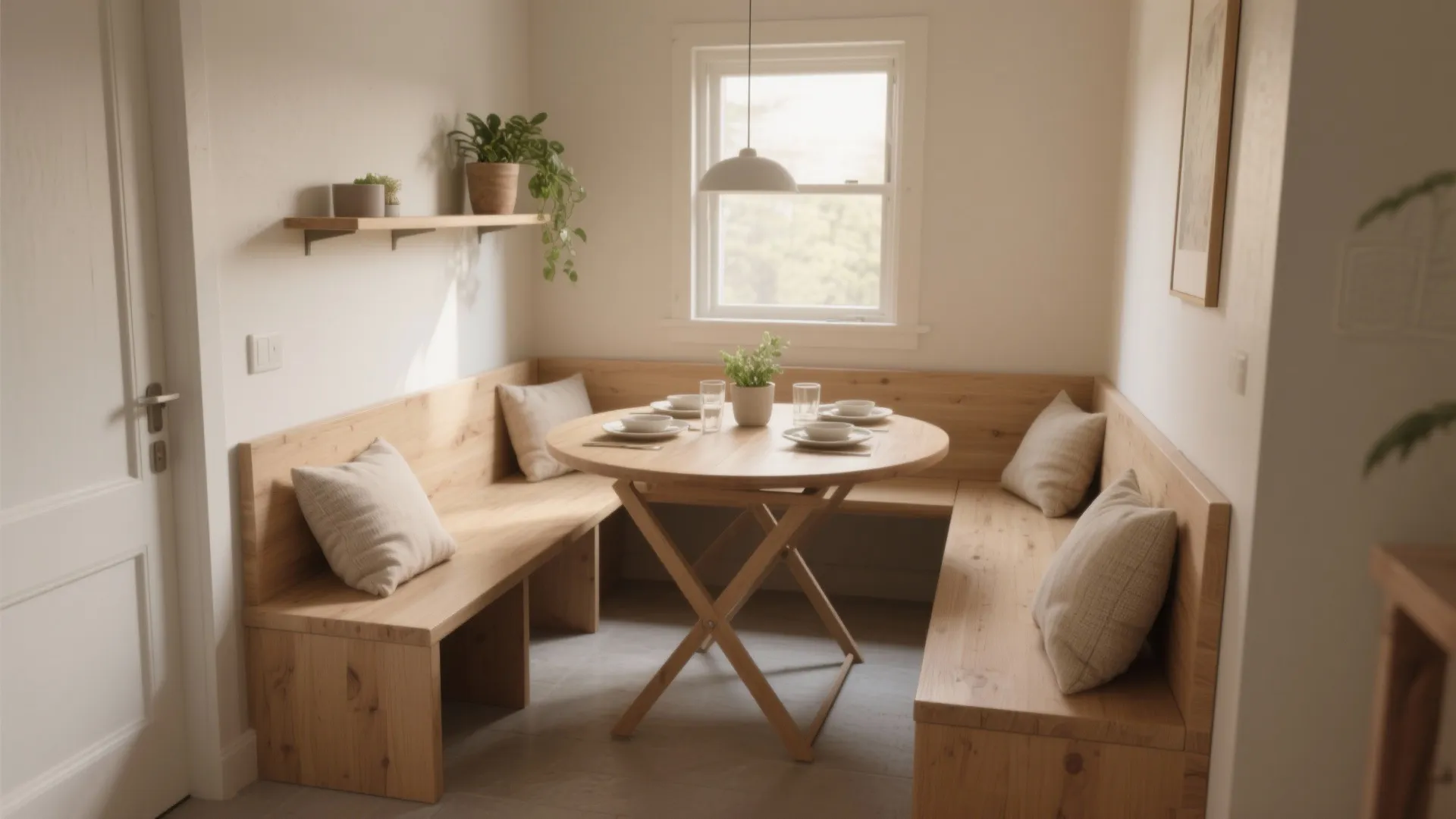 Wooden corner bench seating around a round dining table with plates and a white light