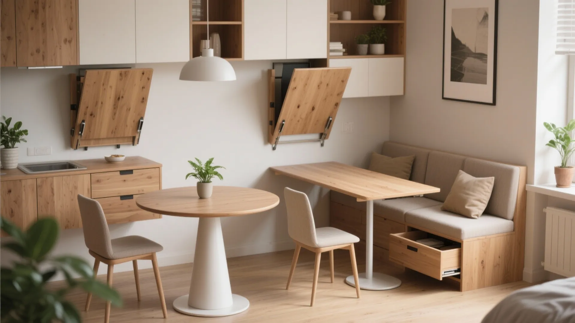 Modern small dining room featuring wooden round table white ceiling light and cozy wall bench