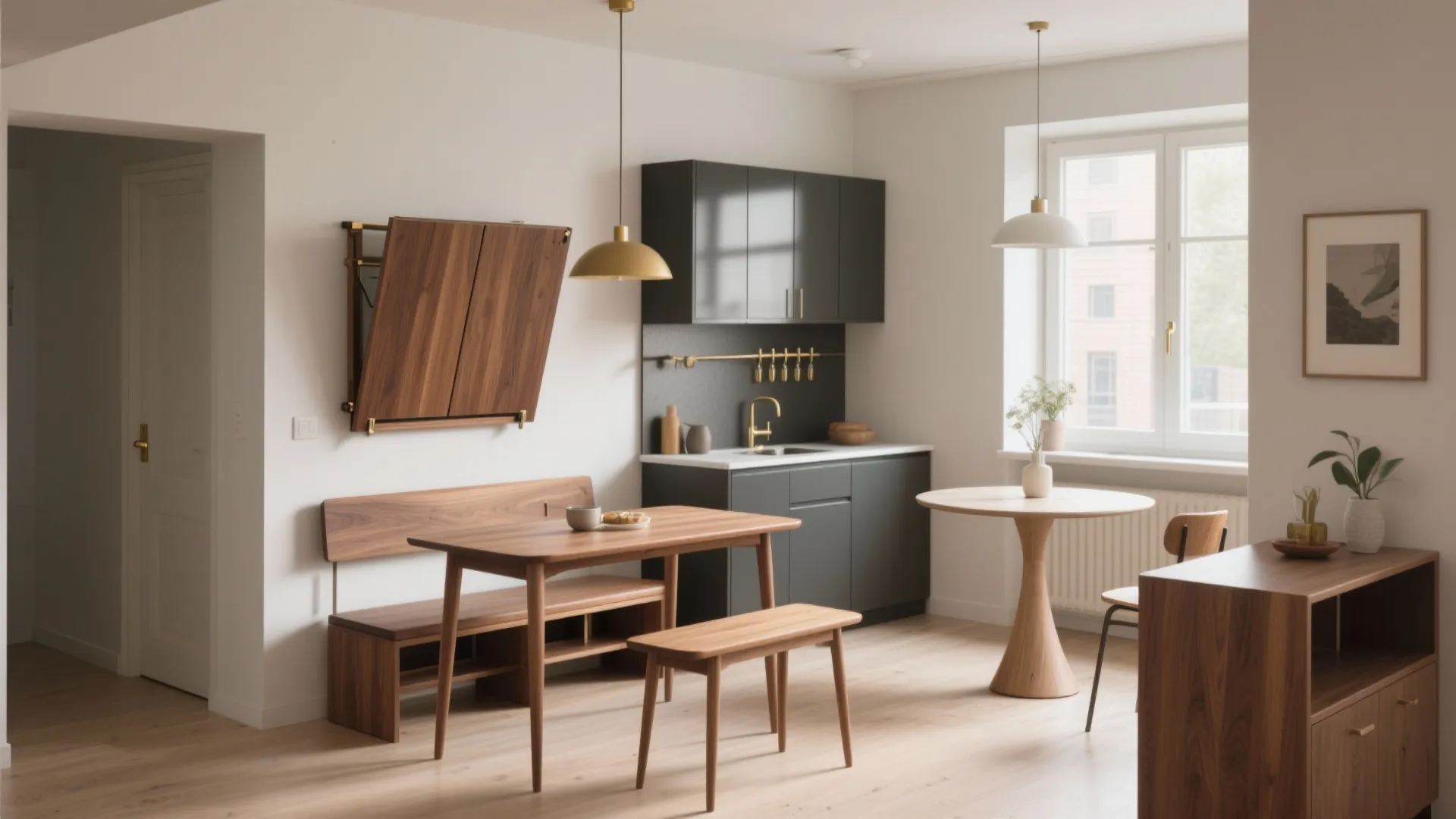 Wooden dining table with bench next to a wall mounted folding table in a kitchen