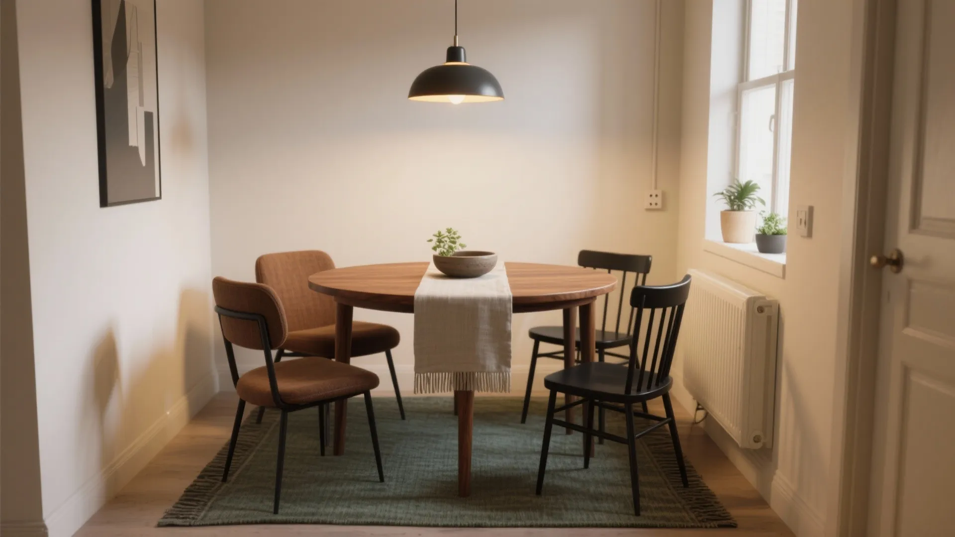 Round wooden dining table with four chairs on green rug under a black hanging ceiling light