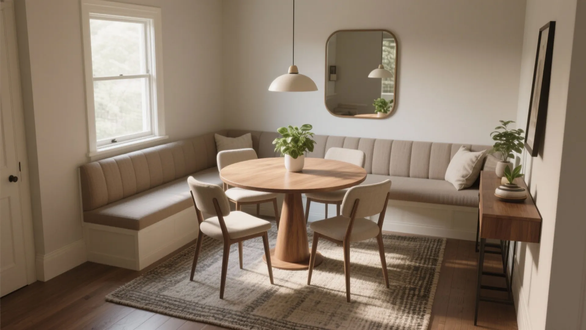Modern small dining area with round wooden table beige corner bench seating and large mirror