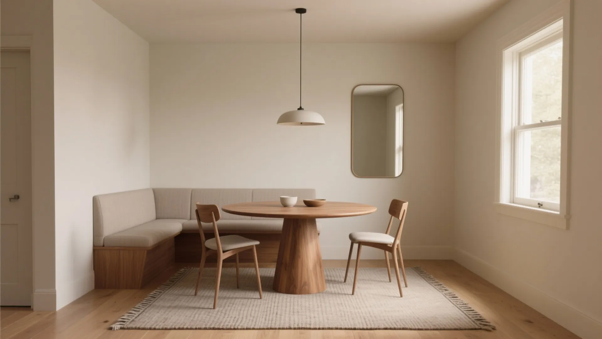 Small dining room with round wooden table corner sofa chairs mirror and simple ceiling light