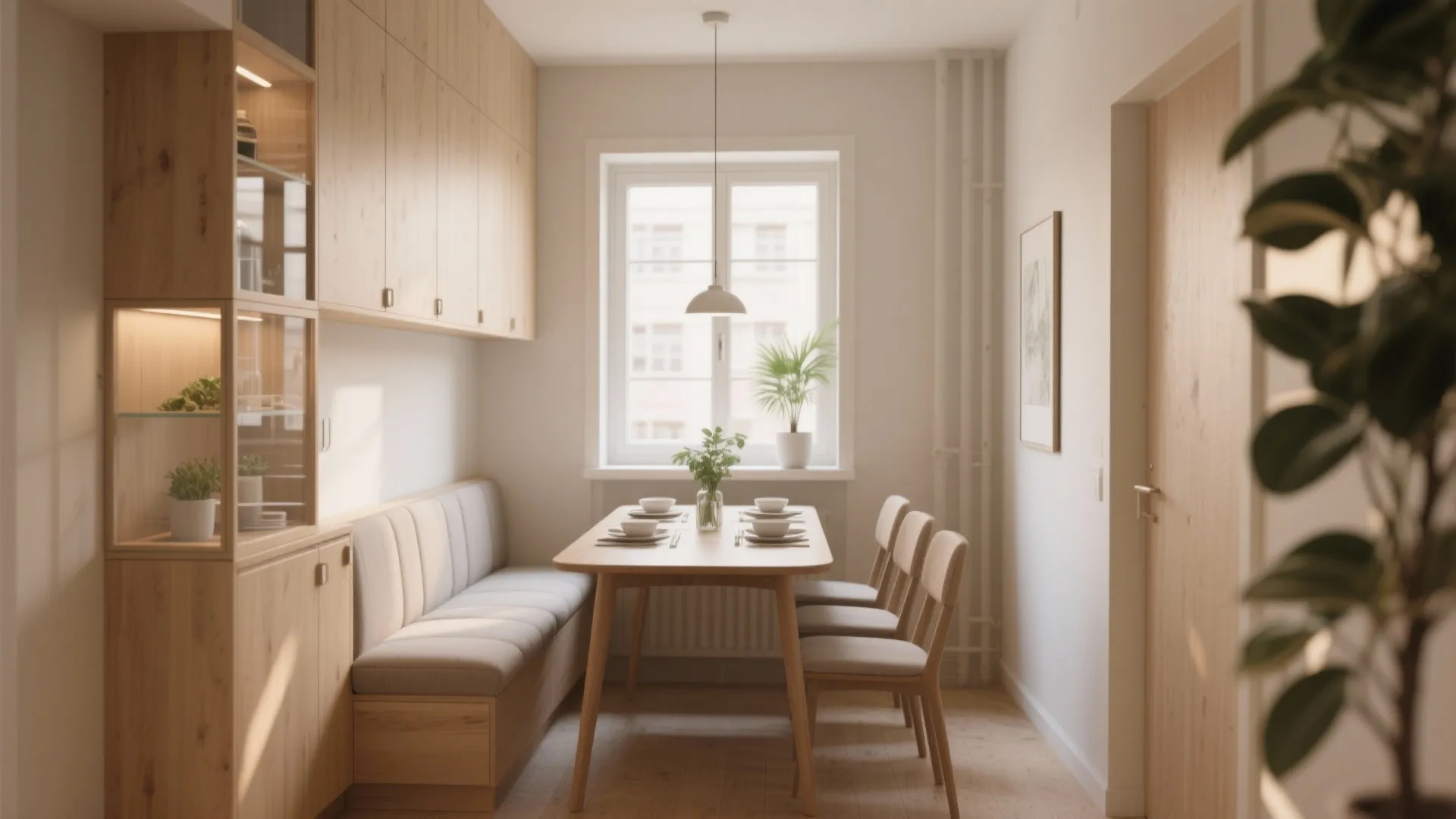 Small dining room featuring wooden table long bench seat wood cabinets window and simple light