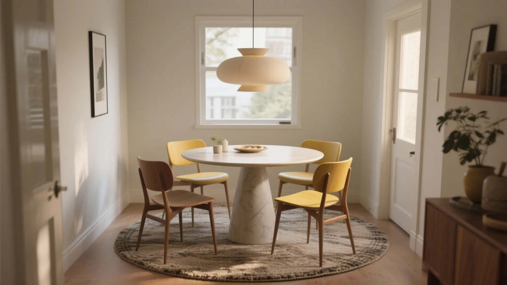 Bright dining room featuring round marble table yellow chairs round rug and white ceiling light fixture