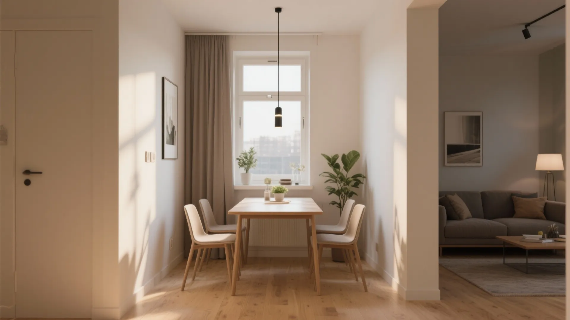 Small dining area with wooden table four chairs black ceiling light window curtains and house plant