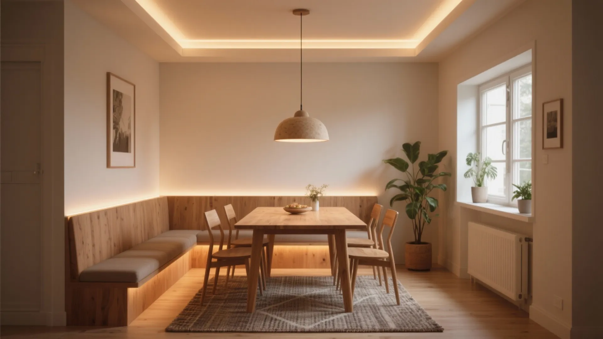 Minimalist dining room with wooden table bench seating green plants and warm hidden light strips