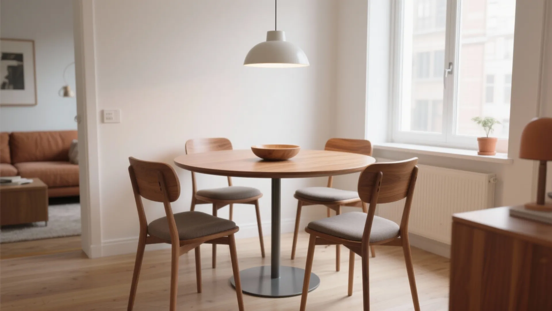 Modern round wooden dining table with four matching chairs and white ceiling light in kitchen