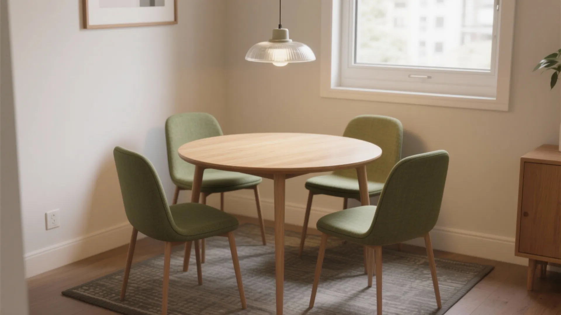 Minimalist dining room with round wooden table four green chairs hanging ceiling light and grey rug