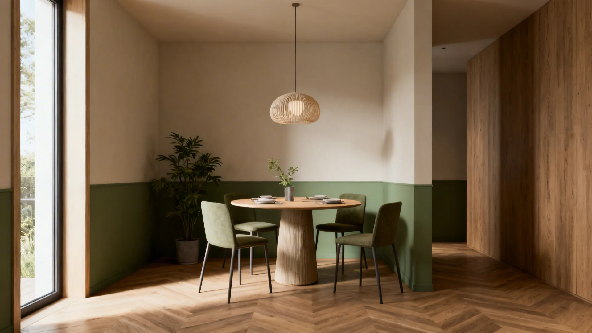 Modern dining room with round wooden table, four green chairs, green wall panels, and ceiling light