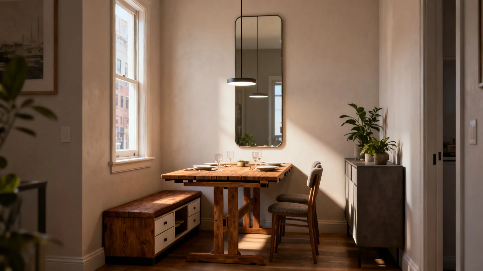 Small dining area with wooden table two chairs a bench mirror and natural window light