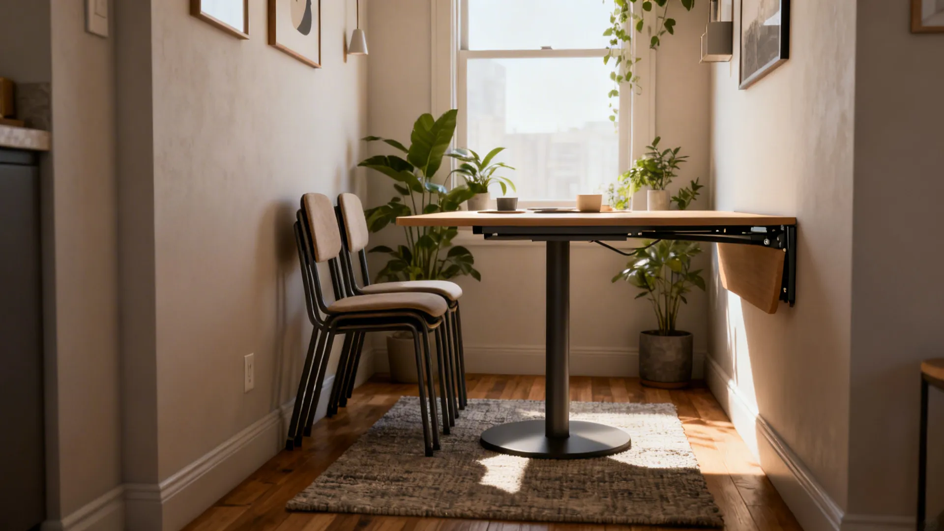 Wooden table in a small dining area near window with green plants and stacked chairs
