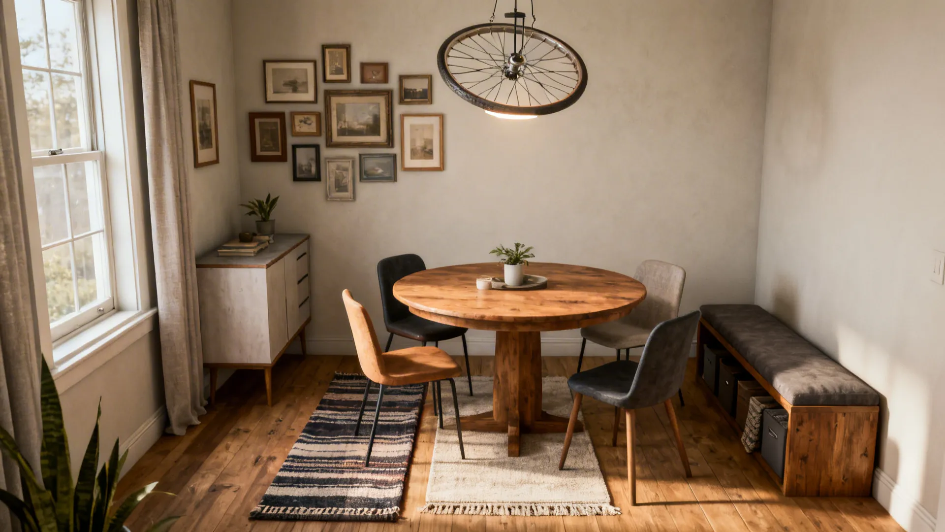 Round wooden dining table with four chairs under a bicycle wheel ceiling light and frames