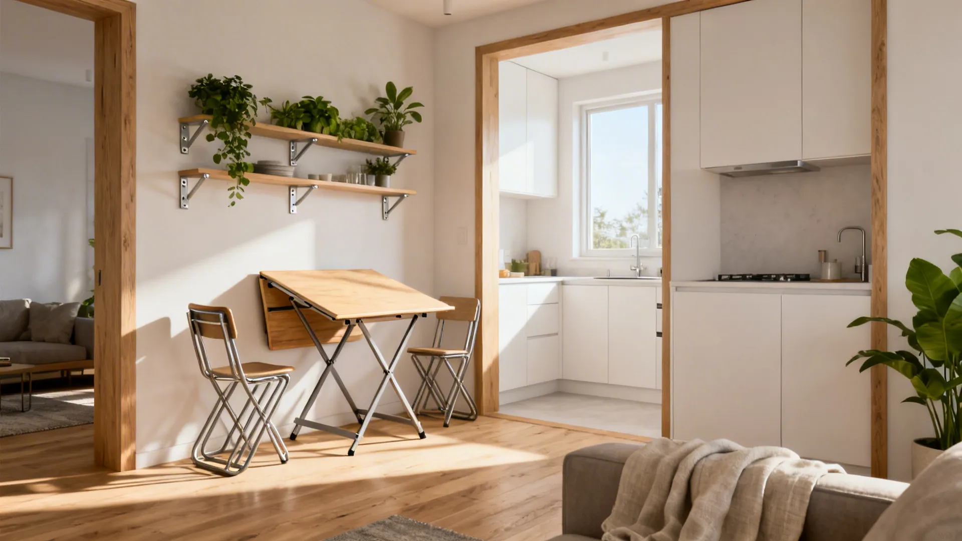 Small apartment dining corner with wall mounted folding wooden table, two chairs, and plant shelves