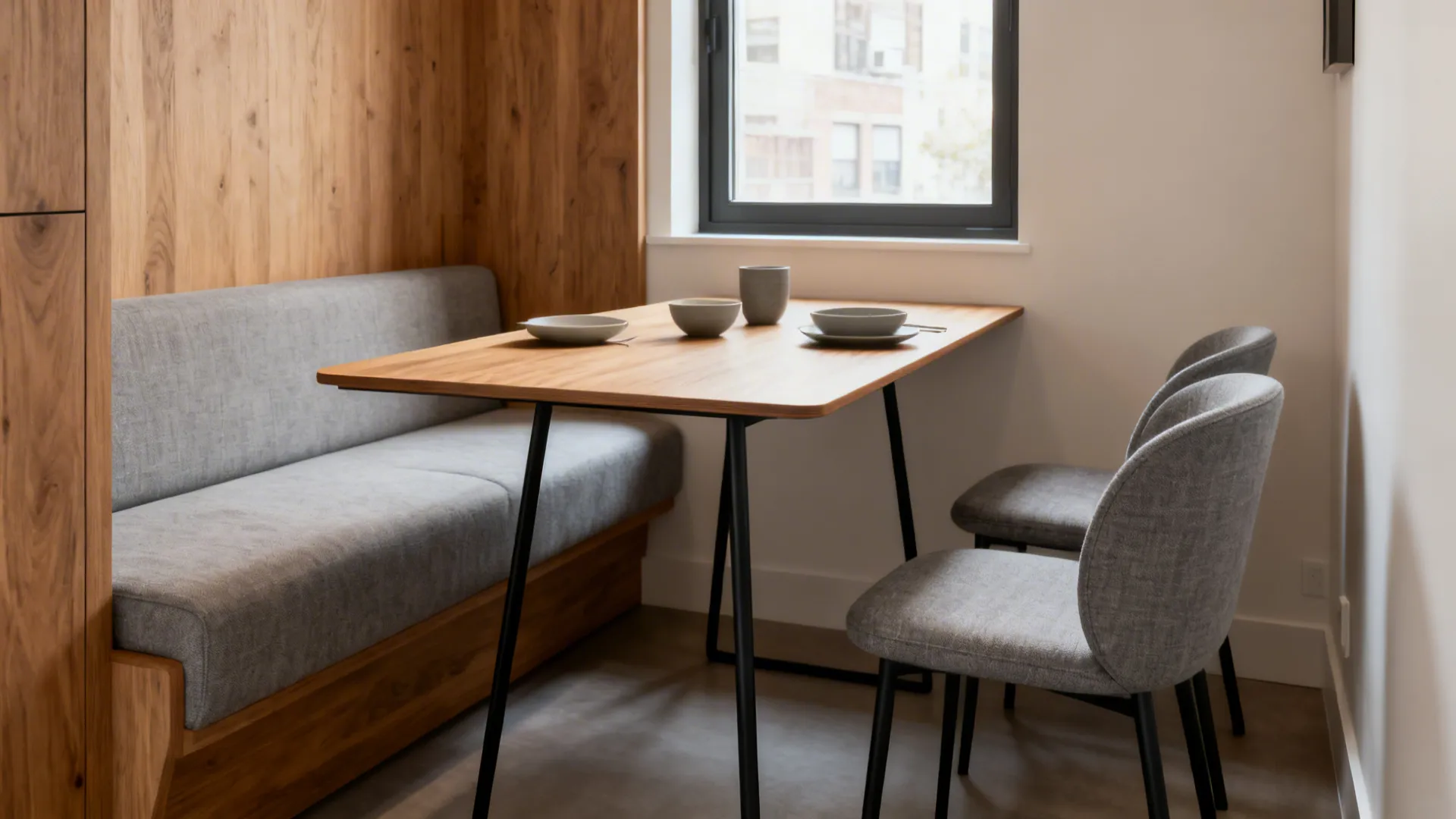 Small dining area featuring wooden table, grey wall bench, two chairs, and a small window