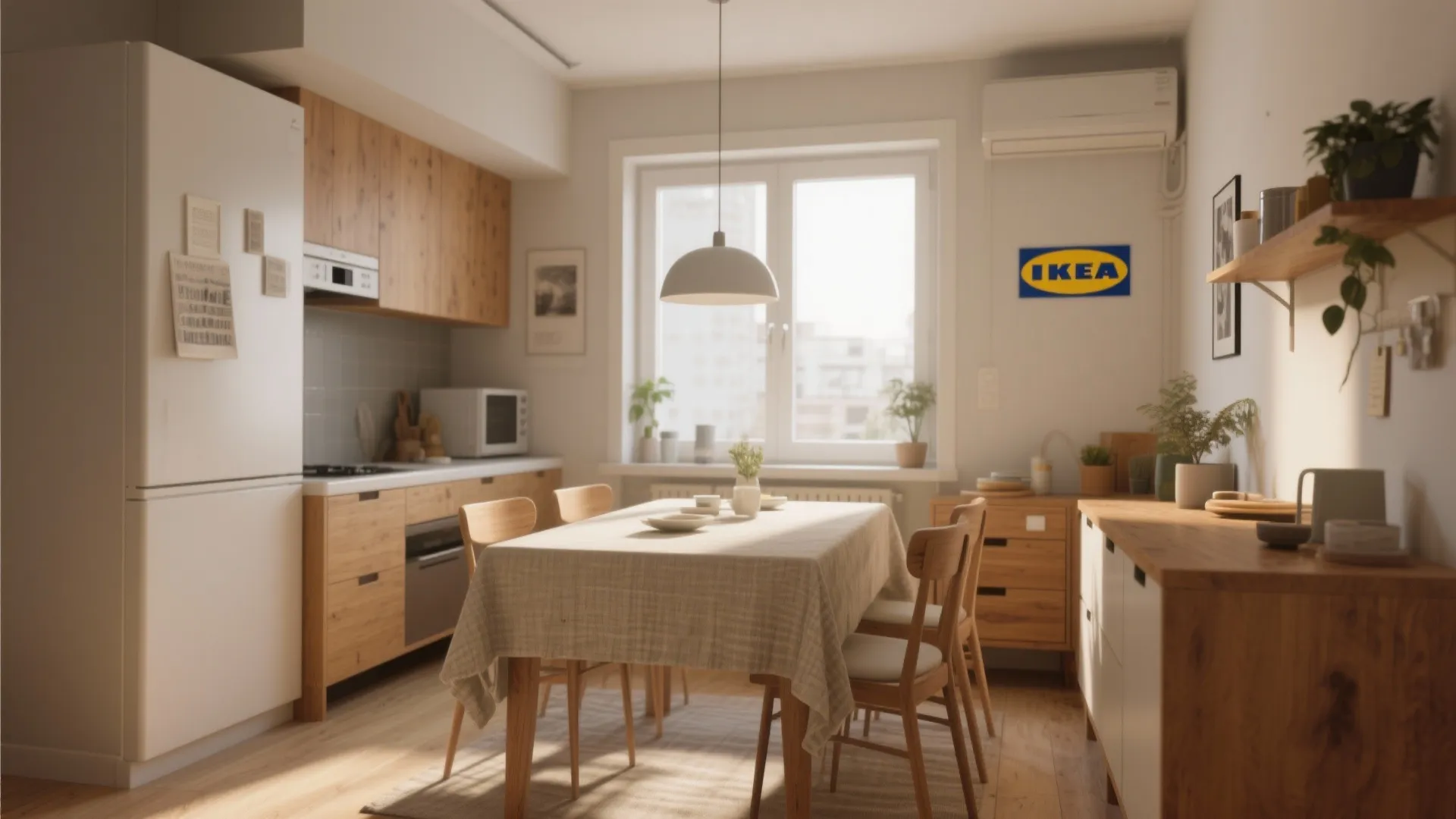 Small kitchen dining area with white fridge, wooden cabinets, dining table, chairs, and natural light