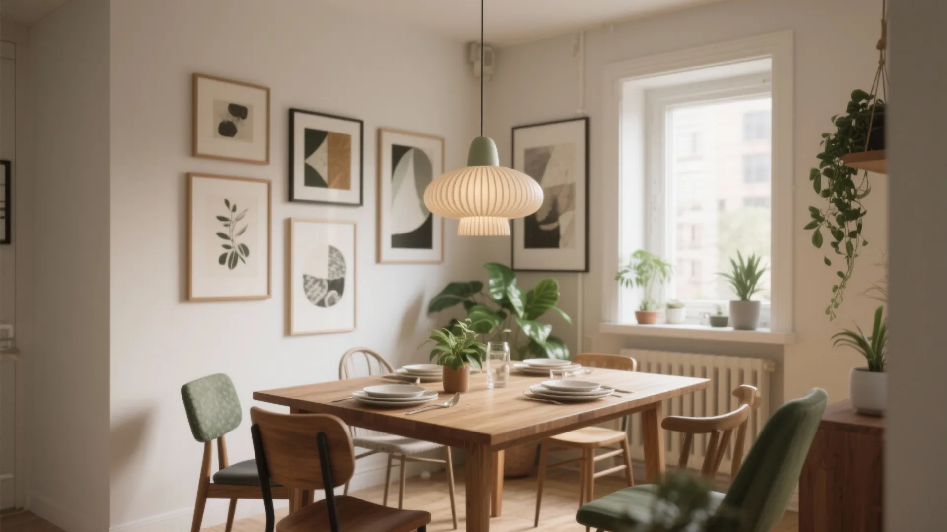 Wooden dining table set with white plates under a ceiling light and gallery wall art